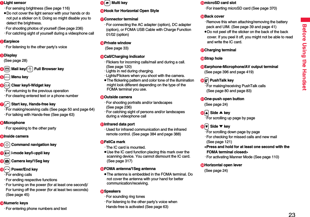 23Before Using the HandsetLight sensor・For sensing brightness (See page 116)pDo not cover the light sensor with your hands or do not put a sticker on it. Doing so might disable you to detect the brightness. ・For shooting photos of yourself (See page 236)・For catching sight of yourself during a videophone callEarpiece・For listening to the other party’s voiceDisplay(See page 28)l Mail key/f Full Browser keym Menu keyr Clear key/i-Widget key・For returning to the previous operation・For clearing entered text or a phone numberd Start key, Hands-free key・For making/receiving calls (See page 50 and page 64)・For talking with Hands-free (See page 63)Microphone・For speaking to the other partyInside camerao Command navigation keyi i-mode key/i-αppli keyc Camera key/1Seg keyh Power/End key・For ending calls・For ending respective functions・For turning on the power (for at least one second)/For turning off the power (for at least two seconds) (See page 45)Numeric keys・For entering phone numbers and textx Multi keyHook for Horizontal Open StyleConnector terminal・For connecting the AC adapter (option), DC adapter (option), or FOMA USB Cable with Charge Function 01/02 (option)Private window (See page 33)Call/Charging indicator・Flickers for incoming calls/mail and during a call. (See page 120)・Lights in red during charging.・Lights/Flickers when you shoot with the camera.pThe flickering pattern and color tone of the illumination might look different depending on the type of the FOMA terminal you use.Outside camera・For shooting portraits and/or landscapes (See page 236)・For catching sight of persons and/or landscapes during a videophone callInfrared data port・Used for infrared communication and the infrared remote control. (See page 384 and page 388)FeliCa mark・The IC card is mounted.pUse the IC card function placing this mark over the scanning device. You cannot dismount the IC card. (See page 317)FOMA antenna/1Seg antennapThe antenna is embedded in the FOMA terminal. Do not cover the antenna with your hand for better communication/receiving.Speakers・For sounding ring tones・For listening to the other party’s voice when Hands-free is activated (See page 63)microSD card slot・For inserting microSD card (See page 370)Back cover・Remove this when attaching/removing the battery pack and UIM. (See page 39 and page 41)pDo not peel off the sticker on the back of the back cover. If you peel it off, you might not be able to read and write the IC card. Charging terminal!Strap hole&quot;Earphone-Microphone/AV output terminal(See page 396 and page 419)#p PushTalk key・For making/receiving PushTalk calls (See page 80 and page 83)$One-push open button(See page 24)%&lt; Side ▲ key・For scrolling up page by page&amp;&gt; Side ▼ key・For scrolling down page by page・For checking for missed calls and new mail (See page 121)&lt;Press and hold for at least one second with the FOMA terminal closed&gt;・For activating Manner Mode (See page 110)&apos;Horizontal open lever(See page 24)