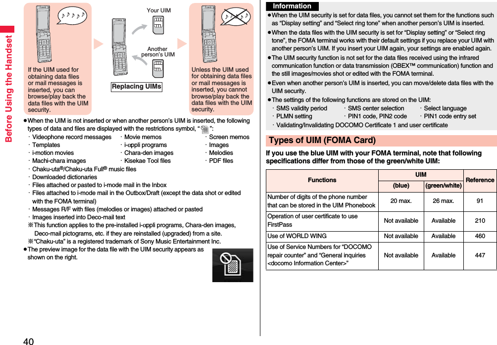 40Before Using the HandsetpWhen the UIM is not inserted or when another person’s UIM is inserted, the following types of data and files are displayed with the restrictions symbol, “ ”:・Videophone record messages ・Movie memos ・Screen memos・Templates ・i-αppli programs ・Images・i-motion movies ・Chara-den images ・Melodies・Machi-chara images ・Kisekae Tool files ・PDF files・Chaku-uta®/Chaku-uta Full® music files・Downloaded dictionaries・Files attached or pasted to i-mode mail in the Inbox・Files attached to i-mode mail in the Outbox/Draft (except the data shot or edited with the FOMA terminal)・Messages R/F with files (melodies or images) attached or pasted・Images inserted into Deco-mail text※This function applies to the pre-installed i-αppli programs, Chara-den images, Deco-mail pictograms, etc. if they are reinstalled (upgraded) from a site.※“Chaku-uta” is a registered trademark of Sony Music Entertainment Inc.pThe preview image for the data file with the UIM security appears as shown on the right.♪ ♪ ♪ ♪ ♪ If the UIM used for obtaining data files or mail messages is inserted, you can browse/play back the data files with the UIM security.♪ ♪ ♪ ♪ ♪ Unless the UIM used for obtaining data files or mail messages is inserted, you cannot browse/play back the data files with the UIM security.Your UIMAnother person’s UIMReplacing UIMsIf you use the blue UIM with your FOMA terminal, note that following specifications differ from those of the green/white UIM:InformationpWhen the UIM security is set for data files, you cannot set them for the functions such as “Display setting” and “Select ring tone” when another person’s UIM is inserted.pWhen the data files with the UIM security is set for “Display setting” or “Select ring tone”, the FOMA terminal works with their default settings if you replace your UIM with another person’s UIM. If you insert your UIM again, your settings are enabled again.pThe UIM security function is not set for the data files received using the infrared communication function or data transmission (OBEX™ communication) function and the still images/movies shot or edited with the FOMA terminal.pEven when another person’s UIM is inserted, you can move/delete data files with the UIM security.pThe settings of the following functions are stored on the UIM:・SMS validity period ・SMS center selection ・Select language・PLMN setting ・PIN1 code, PIN2 code ・PIN1 code entry set・Validating/Invalidating DOCOMO Certificate 1 and user certificateTypes of UIM (FOMA Card)Functions UIM Reference(blue)(green/white)Number of digits of the phone number that can be stored in the UIM Phonebook 20 max. 26 max. 91Operation of user certificate to use FirstPass Not available Available 210Use of WORLD WING Not available Available 460Use of Service Numbers for “DOCOMO repair counter” and “General inquiries &lt;docomo Information Center&gt;”Not available Available 447