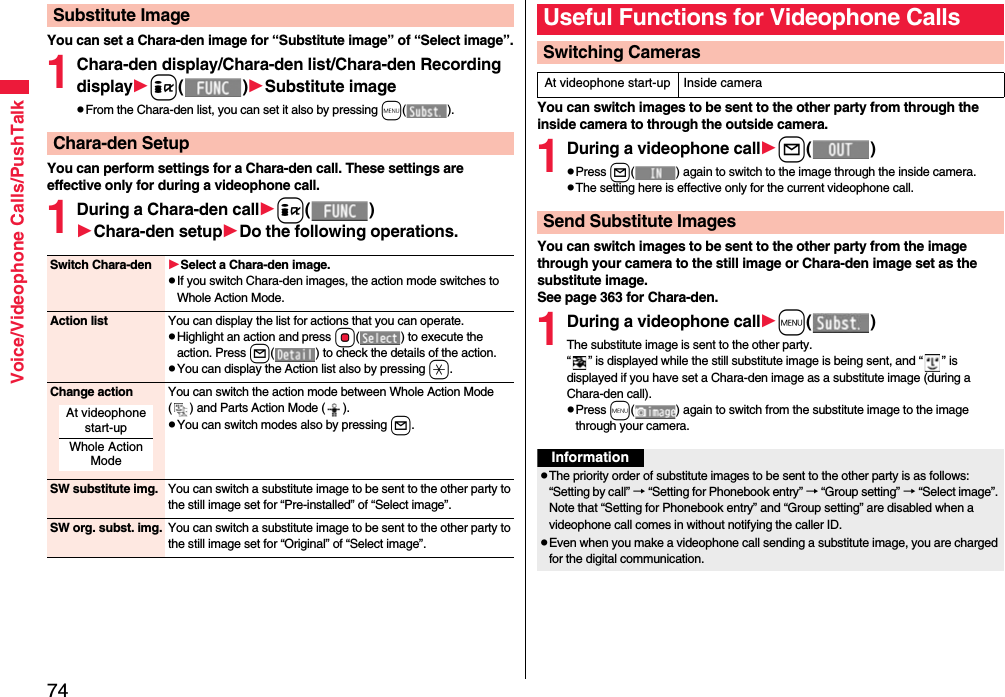 74Voice/Videophone Calls/PushTalkYou can set a Chara-den image for “Substitute image” of “Select image”.1Chara-den display/Chara-den list/Chara-den Recording displayi()Substitute imagepFrom the Chara-den list, you can set it also by pressing m().You can perform settings for a Chara-den call. These settings are effective only for during a videophone call.1During a Chara-den calli()Chara-den setupDo the following operations.Substitute ImageChara-den SetupSwitch Chara-den Select a Chara-den image.pIf you switch Chara-den images, the action mode switches to Whole Action Mode.Action list You can display the list for actions that you can operate.pHighlight an action and press Oo( ) to execute the action. Press l( ) to check the details of the action.pYou can display the Action list also by pressing a.Change action You can switch the action mode between Whole Action Mode ( ) and Parts Action Mode ( ).pYou can switch modes also by pressing l.SW substitute img. You can switch a substitute image to be sent to the other party to the still image set for “Pre-installed” of “Select image”.SW org. subst. img. You can switch a substitute image to be sent to the other party to the still image set for “Original” of “Select image”.At videophone start-upWhole Action ModeYou can switch images to be sent to the other party from through the inside camera to through the outside camera.1During a videophone calll()pPress l( ) again to switch to the image through the inside camera.pThe setting here is effective only for the current videophone call.You can switch images to be sent to the other party from the image through your camera to the still image or Chara-den image set as the substitute image.See page 363 for Chara-den.1During a videophone callm()The substitute image is sent to the other party.“ ” is displayed while the still substitute image is being sent, and “ ” is displayed if you have set a Chara-den image as a substitute image (during a Chara-den call).pPress m( ) again to switch from the substitute image to the image through your camera.Useful Functions for Videophone CallsSwitching CamerasAt videophone start-up Inside cameraSend Substitute ImagesInformationpThe priority order of substitute images to be sent to the other party is as follows: “Setting by call” → “Setting for Phonebook entry” → “Group setting” → “Select image”. Note that “Setting for Phonebook entry” and “Group setting” are disabled when a videophone call comes in without notifying the caller ID.pEven when you make a videophone call sending a substitute image, you are charged for the digital communication.