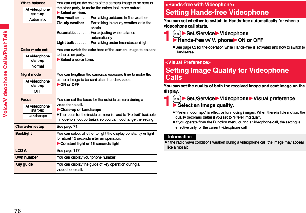 76Voice/Videophone Calls/PushTalkWhite balance You can adjust the colors of the camera image to be sent to the other party, to make the colors look more natural.Select an item.Fine weather  . . . . . For talking outdoors in fine weatherCloudy weather . . . For talking in cloudy weather or in the shadeAutomatic. . . . . . . . For adjusting white balance automaticallyLight bulb . . . . . . . . For talking under incandescent lightColor mode set You can switch the color tone of the camera image to be sent to the other party.Select a color tone.Night mode You can lengthen the camera’s exposure time to make the camera image to be sent clear in a dark place.ON or OFFFocus You can set the focus for the outside camera during a videophone call.Close-up or LandscapepThe focus for the inside camera is fixed to “Portrait” (suitable mode to shoot portraits), so you cannot change the setting.Chara-den setup See page 74.Backlight You can select whether to light the display constantly or light for about 15 seconds after an operation.Constant light or 15 seconds lightLCD AI See page 117.Own number You can display your phone number.Key guide You can display the guide of key operation during a videophone call.At videophone start-upAutomaticAt videophone start-upNormalAt videophone start-upOFFAt videophone start-upLandscapeYou can set whether to switch to Hands-free automatically for when a videophone call starts.1mSet./ServiceVideophoneHands-free w/ V. phoneON or OFFpSee page 63 for the operation while Hands-free is activated and how to switch to Hands-free.You can set the quality of both the received image and sent image on the display.1mSet./ServiceVideophoneVisual preferenceSelect an image quality.p“Prefer motion spd” is effective for moving images. When there is little motion, the quality becomes better if you set to “Prefer img qual”.pIf you operate from the Function menu during a videophone call, the setting is effective only for the current videophone call.&lt;Hands-free with Videophone&gt;Setting Hands-free Videophone&lt;Visual Preference&gt;Setting Image Quality for Videophone CallsInformationpIf the radio wave conditions weaken during a videophone call, the image may appear like a mosaic.