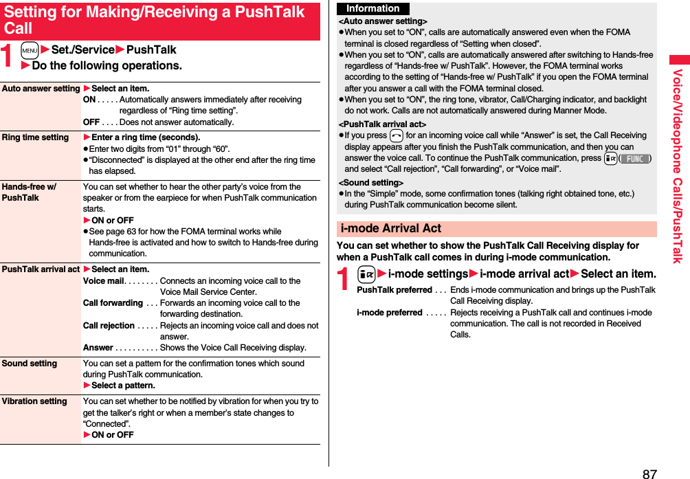 87Voice/Videophone Calls/PushTalk1mSet./ServicePushTalkDo the following operations.Setting for Making/Receiving a PushTalk CallAuto answer settingSelect an item.ON . . . . . Automatically answers immediately after receiving regardless of “Ring time setting”.OFF . . . . Does not answer automatically.Ring time setting Enter a ring time (seconds).pEnter two digits from “01” through “60”.p“Disconnected” is displayed at the other end after the ring time has elapsed.Hands-free w/ PushTalkYou can set whether to hear the other party’s voice from the speaker or from the earpiece for when PushTalk communication starts.ON or OFFpSee page 63 for how the FOMA terminal works while Hands-free is activated and how to switch to Hands-free during communication.PushTalk arrival act Select an item.Voice mail. . . . . . . . Connects an incoming voice call to the Voice Mail Service Center.Call forwarding  . . . Forwards an incoming voice call to the forwarding destination.Call rejection . . . . . Rejects an incoming voice call and does not answer.Answer . . . . . . . . . . Shows the Voice Call Receiving display.Sound setting You can set a pattern for the confirmation tones which sound during PushTalk communication.Select a pattern.Vibration setting You can set whether to be notified by vibration for when you try to get the talker’s right or when a member’s state changes to “Connected”.ON or OFFYou can set whether to show the PushTalk Call Receiving display for when a PushTalk call comes in during i-mode communication.1ii-mode settingsi-mode arrival actSelect an item.PushTalk preferred . . .  Ends i-mode communication and brings up the PushTalk Call Receiving display.i-mode preferred  . . . . .  Rejects receiving a PushTalk call and continues i-mode communication. The call is not recorded in Received Calls.Information&lt;Auto answer setting&gt;pWhen you set to “ON”, calls are automatically answered even when the FOMA terminal is closed regardless of “Setting when closed”.pWhen you set to “ON”, calls are automatically answered after switching to Hands-free regardless of “Hands-free w/ PushTalk”. However, the FOMA terminal works according to the setting of “Hands-free w/ PushTalk” if you open the FOMA terminal after you answer a call with the FOMA terminal closed.pWhen you set to “ON”, the ring tone, vibrator, Call/Charging indicator, and backlight do not work. Calls are not automatically answered during Manner Mode.&lt;PushTalk arrival act&gt;pIf you press -h for an incoming voice call while “Answer” is set, the Call Receiving display appears after you finish the PushTalk communication, and then you can answer the voice call. To continue the PushTalk communication, press +i() and select “Call rejection”, “Call forwarding”, or “Voice mail”.&lt;Sound setting&gt;pIn the “Simple” mode, some confirmation tones (talking right obtained tone, etc.) during PushTalk communication become silent.i-mode Arrival Act