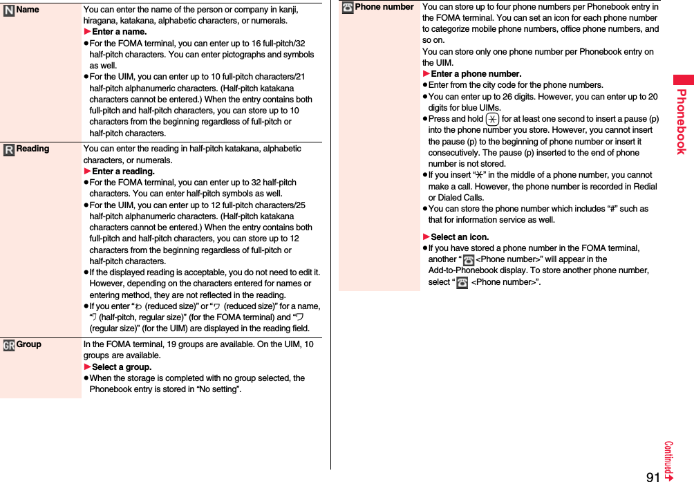 91PhonebookName You can enter the name of the person or company in kanji, hiragana, katakana, alphabetic characters, or numerals.Enter a name.pFor the FOMA terminal, you can enter up to 16 full-pitch/32 half-pitch characters. You can enter pictographs and symbols as well.pFor the UIM, you can enter up to 10 full-pitch characters/21 half-pitch alphanumeric characters. (Half-pitch katakana characters cannot be entered.) When the entry contains both full-pitch and half-pitch characters, you can store up to 10 characters from the beginning regardless of full-pitch or half-pitch characters.Reading You can enter the reading in half-pitch katakana, alphabetic characters, or numerals.Enter a reading.pFor the FOMA terminal, you can enter up to 32 half-pitch characters. You can enter half-pitch symbols as well.pFor the UIM, you can enter up to 12 full-pitch characters/25 half-pitch alphanumeric characters. (Half-pitch katakana characters cannot be entered.) When the entry contains both full-pitch and half-pitch characters, you can store up to 12 characters from the beginning regardless of full-pitch or half-pitch characters.pIf the displayed reading is acceptable, you do not need to edit it. However, depending on the characters entered for names or entering method, they are not reflected in the reading.pIf you enter “ゎ (reduced size)” or “ヮ (reduced size)” for a name, “ワ (half-pitch, regular size)” (for the FOMA terminal) and “ワ (regular size)” (for the UIM) are displayed in the reading field.Group In the FOMA terminal, 19 groups are available. On the UIM, 10 groups are available.Select a group.pWhen the storage is completed with no group selected, the Phonebook entry is stored in “No setting”.Phone number You can store up to four phone numbers per Phonebook entry in the FOMA terminal. You can set an icon for each phone number to categorize mobile phone numbers, office phone numbers, and so on. You can store only one phone number per Phonebook entry on the UIM.Enter a phone number.pEnter from the city code for the phone numbers.pYou can enter up to 26 digits. However, you can enter up to 20 digits for blue UIMs.pPress and hold a for at least one second to insert a pause (p) into the phone number you store. However, you cannot insert the pause (p) to the beginning of phone number or insert it consecutively. The pause (p) inserted to the end of phone number is not stored.pIf you insert “:” in the middle of a phone number, you cannot make a call. However, the phone number is recorded in Redial or Dialed Calls.pYou can store the phone number which includes “#” such as that for information service as well.Select an icon.pIf you have stored a phone number in the FOMA terminal, another “ &lt;Phone number&gt;” will appear in the Add-to-Phonebook display. To store another phone number, select “  &lt;Phone number&gt;”.