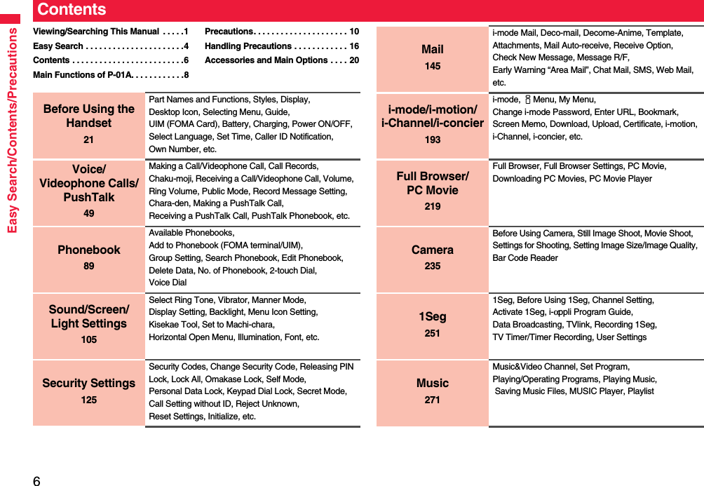 6Easy Search/Contents/PrecautionsContentsViewing/Searching This Manual  . . . . .1Easy Search . . . . . . . . . . . . . . . . . . . . . .4Contents . . . . . . . . . . . . . . . . . . . . . . . . .6Main Functions of P-01A. . . . . . . . . . . .8Precautions. . . . . . . . . . . . . . . . . . . . . 10Handling Precautions . . . . . . . . . . . . 16Accessories and Main Options . . . . 20Before Using the Handset21Part Names and Functions, Styles, Display, Desktop Icon, Selecting Menu, Guide, UIM (FOMA Card), Battery, Charging, Power ON/OFF, Select Language, Set Time, Caller ID Notification, Own Number, etc.Voice/Videophone Calls/PushTalk49Making a Call/Videophone Call, Call Records, Chaku-moji, Receiving a Call/Videophone Call, Volume, Ring Volume, Public Mode, Record Message Setting, Chara-den, Making a PushTalk Call, Receiving a PushTalk Call, PushTalk Phonebook, etc.Phonebook89Available Phonebooks, Add to Phonebook (FOMA terminal/UIM), Group Setting, Search Phonebook, Edit Phonebook, Delete Data, No. of Phonebook, 2-touch Dial, Voice DialSound/Screen/Light Settings105Select Ring Tone, Vibrator, Manner Mode, Display Setting, Backlight, Menu Icon Setting, Kisekae Tool, Set to Machi-chara, Horizontal Open Menu, Illumination, Font, etc.Security Settings125Security Codes, Change Security Code, Releasing PIN Lock, Lock All, Omakase Lock, Self Mode, Personal Data Lock, Keypad Dial Lock, Secret Mode, Call Setting without ID, Reject Unknown, Reset Settings, Initialize, etc.Mail145i-mode Mail, Deco-mail, Decome-Anime, Template, Attachments, Mail Auto-receive, Receive Option, Check New Message, Message R/F, Early Warning “Area Mail”, Chat Mail, SMS, Web Mail, etc.i-mode/i-motion/i-Channel/i-concier193i-mode, iMenu, My Menu, Change i-mode Password, Enter URL, Bookmark, Screen Memo, Download, Upload, Certificate, i-motion, i-Channel, i-concier, etc.Full Browser/PC Movie219Full Browser, Full Browser Settings, PC Movie, Downloading PC Movies, PC Movie PlayerCamera235Before Using Camera, Still Image Shoot, Movie Shoot, Settings for Shooting, Setting Image Size/Image Quality, Bar Code Reader1Seg2511Seg, Before Using 1Seg, Channel Setting, Activate 1Seg, i-αppli Program Guide, Data Broadcasting, TVlink, Recording 1Seg, TV Timer/Timer Recording, User SettingsMusic271Music&amp;Video Channel, Set Program, Playing/Operating Programs, Playing Music, Saving Music Files, MUSIC Player, Playlist