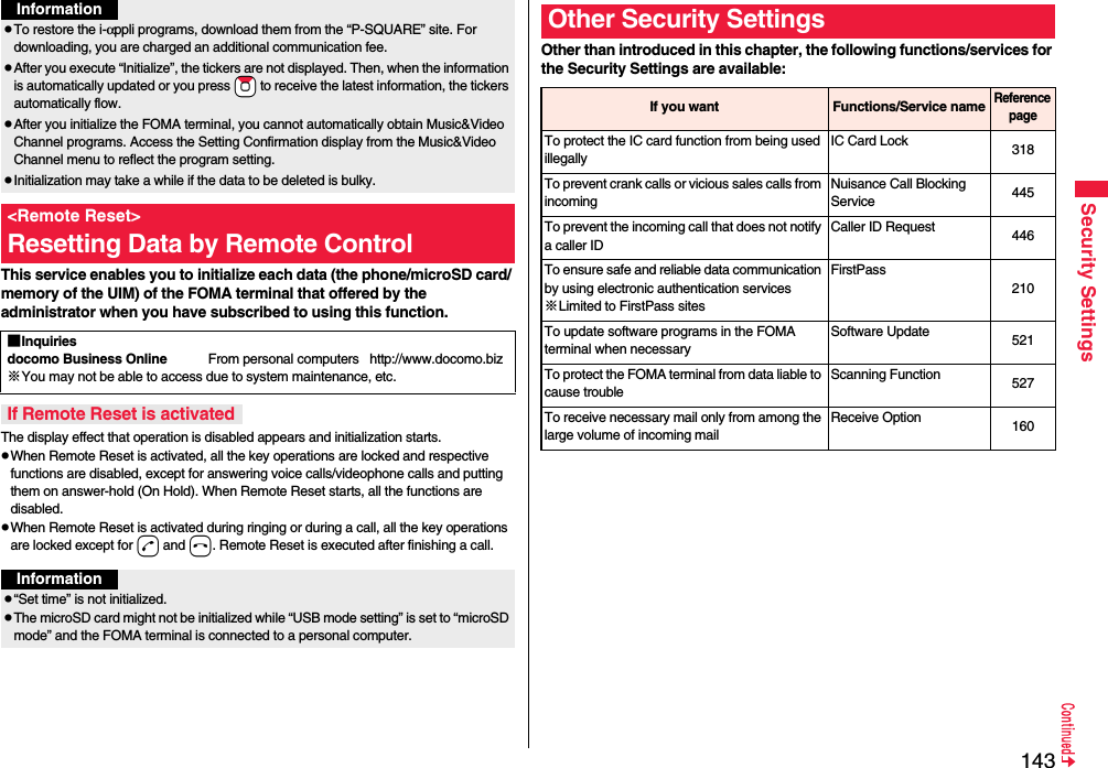 143Security SettingsThis service enables you to initialize each data (the phone/microSD card/ memory of the UIM) of the FOMA terminal that offered by the administrator when you have subscribed to using this function.The display effect that operation is disabled appears and initialization starts.pWhen Remote Reset is activated, all the key operations are locked and respective functions are disabled, except for answering voice calls/videophone calls and putting them on answer-hold (On Hold). When Remote Reset starts, all the functions are disabled.pWhen Remote Reset is activated during ringing or during a call, all the key operations are locked except for d and h. Remote Reset is executed after finishing a call.pTo restore the i-αppli programs, download them from the “P-SQUARE” site. For downloading, you are charged an additional communication fee.pAfter you execute “Initialize”, the tickers are not displayed. Then, when the information is automatically updated or you press +Zo to receive the latest information, the tickers automatically flow.pAfter you initialize the FOMA terminal, you cannot automatically obtain Music&amp;Video Channel programs. Access the Setting Confirmation display from the Music&amp;Video Channel menu to reflect the program setting.pInitialization may take a while if the data to be deleted is bulky.&lt;Remote Reset&gt;Resetting Data by Remote ControlInformation■Inquiriesdocomo Business Online From personal computers   http://www.docomo.biz※You may not be able to access due to system maintenance, etc. If Remote Reset is activatedInformationp“Set time” is not initialized.pThe microSD card might not be initialized while “USB mode setting” is set to “microSD mode” and the FOMA terminal is connected to a personal computer.Other than introduced in this chapter, the following functions/services for the Security Settings are available:Other Security SettingsIf you want Functions/Service nameReference pageTo protect the IC card function from being used illegallyIC Card Lock 318To prevent crank calls or vicious sales calls from incomingNuisance Call Blocking Service 445To prevent the incoming call that does not notify a caller IDCaller ID Request 446To ensure safe and reliable data communication by using electronic authentication services※Limited to FirstPass sitesFirstPass210To update software programs in the FOMA terminal when necessarySoftware Update 521To protect the FOMA terminal from data liable to cause troubleScanning Function 527To receive necessary mail only from among the large volume of incoming mailReceive Option 160