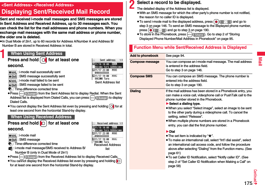 175MailSent and received i-mode mail messages and SMS messages are stored in Sent Address and Received Address, up to 30 messages each. You can check the list for the mail addresses and phone numbers. When you exchange mail messages with the same mail address or phone number, the older one is deleted.pIn Dual Mode of 2in1, up to 60 records for Address A/Number A and Address B/Number B are stored in Received Address in total.1Press and hold Vo for at least one second.: i-mode mail successfully sent: SMS message successfully sent: i-mode mail failed to be sent: SMS message failed to be sent: Time-difference corrected timepPress m( ) from the Sent Address list to display Redial. When the Sent Address list is displayed from Dialed Calls, you can press m( ) to display Dialed Calls.pYou cannot display the Sent Address list even by pressing and holding Vo for at least one second from the horizontal Stand-by display.Press and hold Co for at least one second.: i-mode mail: SMS message: Time-difference corrected time: i-mode mail message/SMS received to Address B/Number B (only in Dual Mode of 2in1)pPress m( ) from the Received Address list to display Received Calls.pYou cannot display the Received Address list even by pressing and holding Co for at least one second from the horizontal Stand-by display.&lt;Sent Address&gt; &lt;Received Address&gt;Displaying Sent/Received Mail RecordWhen Using Sent AddressWhen Using Received AddressSent Address listReceived Address list2Select a record to be displayed.The detailed display of the Address list is displayed.pWith an SMS message for which the other party’s phone number is not notified, the reason for no caller ID is displayed.pTo send i-mode mail to the displayed address, press Oo( ) and go to step 3 on page 146. To send an SMS message to the displayed phone number, press Oo( ) and go to step 3 on page 190.pTo store in the Phonebook, press m( ). Go to step 2 of “Storing Displayed Phone Number/Mail Address in Phonebook” on page 95.Function Menu while Sent/Received Address is DisplayedAdd to phonebook See page 94.Compose message You can compose an i-mode mail message. The mail address is entered in the address field.Go to step 3 on page 146.Compose SMS You can compose an SMS message. The phone number is entered into the address field.Go to step 3 on page 190.Dialing If the mail address has been stored in a Phonebook entry, you can make a voice call, videophone call or PushTalk call to the phone number stored in the Phonebook.Select a dialing type.pWhen you select “Select image”, select an image to be sent to the other party during a videophone call. To cancel the setting, select “Release”.pWhen multiple phone numbers are stored in a Phonebook entry, you can dial the first phone number.DialpThe set item is indicated by “★”.pTo make an international call, select “Int’l dial assist”, select an international call access code, and follow the procedure above after selecting “Dialing” from the Function menu. (See page 61)pTo set Caller ID Notification, select “Notify caller ID”. (See step 2 of “Set Caller ID Notification when Making a Call” on page 58)