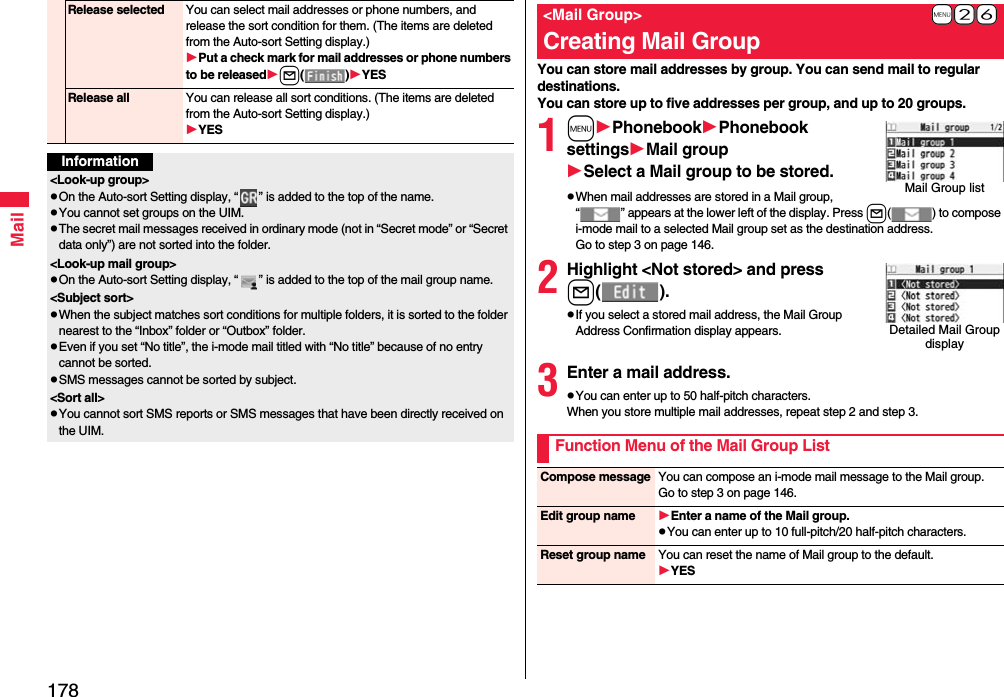 178MailRelease selected You can select mail addresses or phone numbers, and release the sort condition for them. (The items are deleted from the Auto-sort Setting display.)Put a check mark for mail addresses or phone numbers to be releasedl()YESRelease all You can release all sort conditions. (The items are deleted from the Auto-sort Setting display.)YESInformation&lt;Look-up group&gt;pOn the Auto-sort Setting display, “ ” is added to the top of the name.pYou cannot set groups on the UIM.pThe secret mail messages received in ordinary mode (not in “Secret mode” or “Secret data only”) are not sorted into the folder.&lt;Look-up mail group&gt;pOn the Auto-sort Setting display, “ ” is added to the top of the mail group name.&lt;Subject sort&gt;pWhen the subject matches sort conditions for multiple folders, it is sorted to the folder nearest to the “Inbox” folder or “Outbox” folder.pEven if you set “No title”, the i-mode mail titled with “No title” because of no entry cannot be sorted.pSMS messages cannot be sorted by subject.&lt;Sort all&gt;pYou cannot sort SMS reports or SMS messages that have been directly received on the UIM.You can store mail addresses by group. You can send mail to regular destinations.You can store up to five addresses per group, and up to 20 groups.1mPhonebookPhonebook settingsMail groupSelect a Mail group to be stored.pWhen mail addresses are stored in a Mail group, “ ” appears at the lower left of the display. Press l( ) to compose i-mode mail to a selected Mail group set as the destination address.Go to step 3 on page 146.2Highlight &lt;Not stored&gt; and pressl().pIf you select a stored mail address, the Mail Group Address Confirmation display appears.3Enter a mail address.pYou can enter up to 50 half-pitch characters.When you store multiple mail addresses, repeat step 2 and step 3.+m-2-6 &lt;Mail Group&gt;Creating Mail GroupMail Group listDetailed Mail Group displayFunction Menu of the Mail Group ListCompose message You can compose an i-mode mail message to the Mail group.Go to step 3 on page 146.Edit group name Enter a name of the Mail group.pYou can enter up to 10 full-pitch/20 half-pitch characters.Reset group name You can reset the name of Mail group to the default.YES