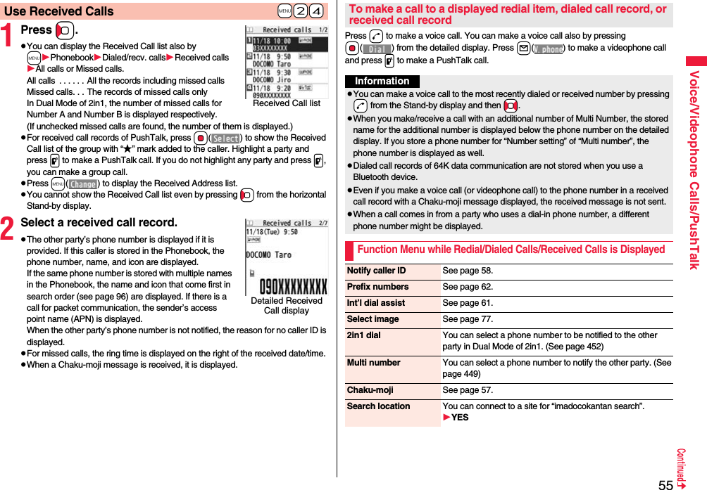 55Voice/Videophone Calls/PushTalk1Press Co.pYou can display the Received Call list also by mPhonebookDialed/recv. callsReceived callsAll calls or Missed calls.All calls  . . . . . . All the records including missed callsMissed calls. . . The records of missed calls onlyIn Dual Mode of 2in1, the number of missed calls for Number A and Number B is displayed respectively.(If unchecked missed calls are found, the number of them is displayed.)pFor received call records of PushTalk, press Oo( ) to show the Received Call list of the group with “★” mark added to the caller. Highlight a party and press p to make a PushTalk call. If you do not highlight any party and press p, you can make a group call.pPress m( ) to display the Received Address list.pYou cannot show the Received Call list even by pressing Co from the horizontal Stand-by display.2Select a received call record.pThe other party’s phone number is displayed if it is provided. If this caller is stored in the Phonebook, the phone number, name, and icon are displayed. If the same phone number is stored with multiple names in the Phonebook, the name and icon that come first in search order (see page 96) are displayed. If there is a call for packet communication, the sender’s access point name (APN) is displayed.When the other party’s phone number is not notified, the reason for no caller ID is displayed.pFor missed calls, the ring time is displayed on the right of the received date/time.pWhen a Chaku-moji message is received, it is displayed.+m-2-4Use Received CallsReceived Call listDetailed Received Call displayPress d to make a voice call. You can make a voice call also by pressing Oo( ) from the detailed display. Press l( ) to make a videophone call and press p to make a PushTalk call.To make a call to a displayed redial item, dialed call record, or received call recordInformationpYou can make a voice call to the most recently dialed or received number by pressing -d from the Stand-by display and then +No.pWhen you make/receive a call with an additional number of Multi Number, the stored name for the additional number is displayed below the phone number on the detailed display. If you store a phone number for “Number setting” of “Multi number”, the phone number is displayed as well.pDialed call records of 64K data communication are not stored when you use a Bluetooth device.pEven if you make a voice call (or videophone call) to the phone number in a received call record with a Chaku-moji message displayed, the received message is not sent.pWhen a call comes in from a party who uses a dial-in phone number, a different phone number might be displayed.Function Menu while Redial/Dialed Calls/Received Calls is DisplayedNotify caller ID See page 58.Prefix numbers See page 62.Int’l dial assist See page 61.Select image See page 77.2in1 dial You can select a phone number to be notified to the other party in Dual Mode of 2in1. (See page 452)Multi number You can select a phone number to notify the other party. (See page 449)Chaku-moji See page 57.Search location You can connect to a site for “imadocokantan search”.YES