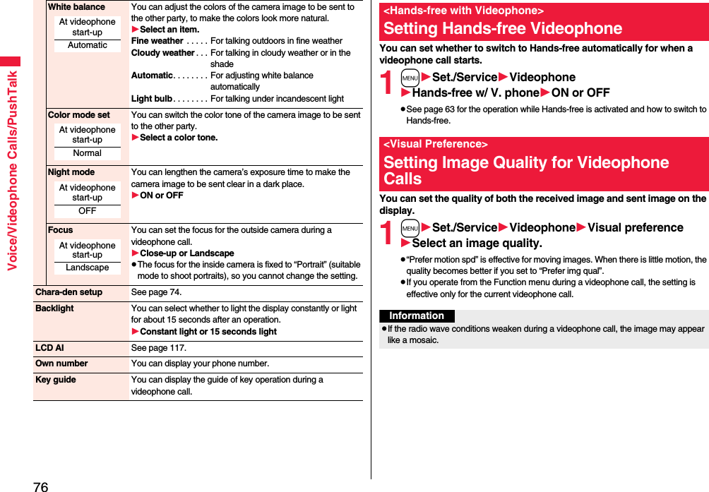 76Voice/Videophone Calls/PushTalkWhite balance You can adjust the colors of the camera image to be sent to the other party, to make the colors look more natural.Select an item.Fine weather  . . . . . For talking outdoors in fine weatherCloudy weather . . . For talking in cloudy weather or in the shadeAutomatic. . . . . . . . For adjusting white balance automaticallyLight bulb . . . . . . . . For talking under incandescent lightColor mode set You can switch the color tone of the camera image to be sent to the other party.Select a color tone.Night mode You can lengthen the camera’s exposure time to make the camera image to be sent clear in a dark place.ON or OFFFocus You can set the focus for the outside camera during a videophone call.Close-up or LandscapepThe focus for the inside camera is fixed to “Portrait” (suitable mode to shoot portraits), so you cannot change the setting.Chara-den setup See page 74.Backlight You can select whether to light the display constantly or light for about 15 seconds after an operation.Constant light or 15 seconds lightLCD AI See page 117.Own number You can display your phone number.Key guide You can display the guide of key operation during a videophone call.At videophone start-upAutomaticAt videophone start-upNormalAt videophone start-upOFFAt videophone start-upLandscapeYou can set whether to switch to Hands-free automatically for when a videophone call starts.1mSet./ServiceVideophoneHands-free w/ V. phoneON or OFFpSee page 63 for the operation while Hands-free is activated and how to switch to Hands-free.You can set the quality of both the received image and sent image on the display.1mSet./ServiceVideophoneVisual preferenceSelect an image quality.p“Prefer motion spd” is effective for moving images. When there is little motion, the quality becomes better if you set to “Prefer img qual”.pIf you operate from the Function menu during a videophone call, the setting is effective only for the current videophone call.&lt;Hands-free with Videophone&gt;Setting Hands-free Videophone&lt;Visual Preference&gt;Setting Image Quality for Videophone CallsInformationpIf the radio wave conditions weaken during a videophone call, the image may appear like a mosaic.