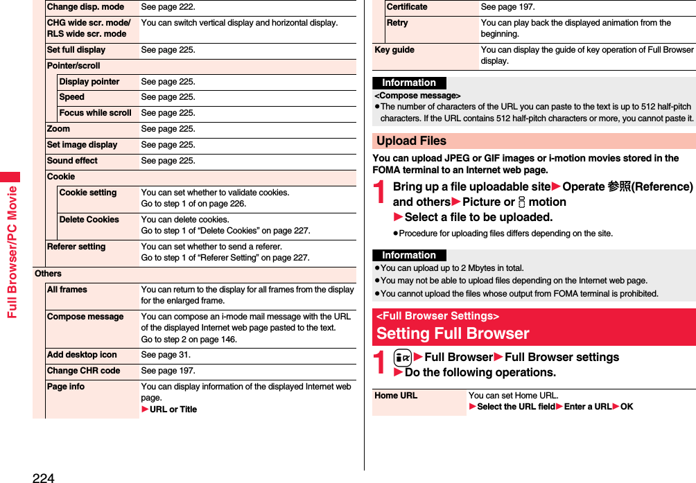 224Full Browser/PC MovieChange disp. mode See page 222.CHG wide scr. mode/ RLS wide scr. modeYou can switch vertical display and horizontal display.Set full display See page 225.Pointer/scrollDisplay pointer See page 225.Speed See page 225.Focus while scroll See page 225.Zoom See page 225.Set image display See page 225.Sound effect See page 225.CookieCookie setting You can set whether to validate cookies.Go to step 1 of on page 226.Delete Cookies You can delete cookies.Go to step 1 of “Delete Cookies” on page 227.Referer setting You can set whether to send a referer.Go to step 1 of “Referer Setting” on page 227.OthersAll frames You can return to the display for all frames from the display for the enlarged frame.Compose message You can compose an i-mode mail message with the URL of the displayed Internet web page pasted to the text.Go to step 2 on page 146.Add desktop icon See page 31.Change CHR code See page 197.Page info You can display information of the displayed Internet web page.URL or TitleYou can upload JPEG or GIF images or i-motion movies stored in the FOMA terminal to an Internet web page.1Bring up a file uploadable siteOperate 参照(Reference) and othersPicture orimotionSelect a file to be uploaded.Procedure for uploading files differs depending on the site.1iFull BrowserFull Browser settingsDo the following operations.Certificate See page 197.Retry You can play back the displayed animation from the beginning.Key guide You can display the guide of key operation of Full Browser display.Information&lt;Compose message&gt;The number of characters of the URL you can paste to the text is up to 512 half-pitch characters. If the URL contains 512 half-pitch characters or more, you cannot paste it.Upload FilesInformationYou can upload up to 2 Mbytes in total.You may not be able to upload files depending on the Internet web page.You cannot upload the files whose output from FOMA terminal is prohibited.&lt;Full Browser Settings&gt;Setting Full BrowserHome URL You can set Home URL.Select the URL fieldEnter a URLOK
