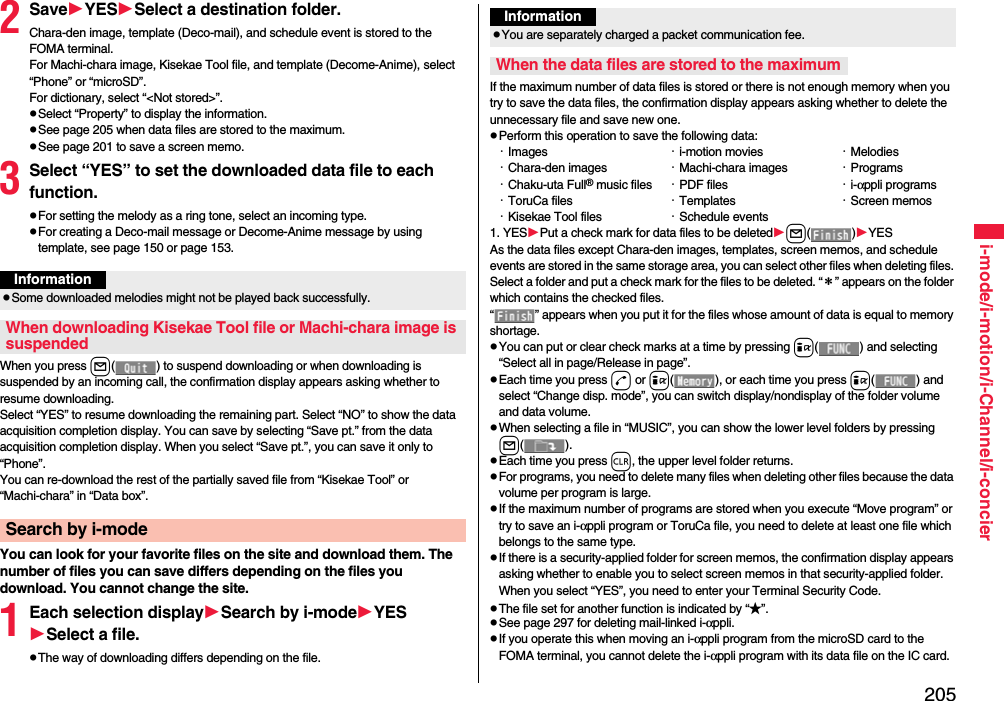 205i-mode/i-motion/i-Channel/i-concier2SaveYESSelect a destination folder.Chara-den image, template (Deco-mail), and schedule event is stored to the FOMA terminal.For Machi-chara image, Kisekae Tool file, and template (Decome-Anime), select “Phone” or “microSD”.For dictionary, select “&lt;Not stored&gt;”.Select “Property” to display the information.See page 205 when data files are stored to the maximum.See page 201 to save a screen memo.3Select “YES” to set the downloaded data file to each function.For setting the melody as a ring tone, select an incoming type.For creating a Deco-mail message or Decome-Anime message by using template, see page 150 or page 153.When you press l( ) to suspend downloading or when downloading is suspended by an incoming call, the confirmation display appears asking whether to resume downloading. Select “YES” to resume downloading the remaining part. Select “NO” to show the data acquisition completion display. You can save by selecting “Save pt.” from the data acquisition completion display. When you select “Save pt.”, you can save it only to “Phone”.You can re-download the rest of the partially saved file from “Kisekae Tool” or “Machi-chara” in “Data box”.You can look for your favorite files on the site and download them. The number of files you can save differs depending on the files you download. You cannot change the site.1Each selection displaySearch by i-modeYESSelect a file.The way of downloading differs depending on the file.InformationSome downloaded melodies might not be played back successfully.When downloading Kisekae Tool file or Machi-chara image is suspendedSearch by i-modeIf the maximum number of data files is stored or there is not enough memory when you try to save the data files, the confirmation display appears asking whether to delete the unnecessary file and save new one.Perform this operation to save the following data:・Images ・i-motion movies ・Melodies・Chara-den images ・Machi-chara images ・Programs・Chaku-uta Full® music files ・PDF files ・i-αppli programs・ToruCa files ・Templates ・Screen memos・Kisekae Tool files ・Schedule events1. YESPut a check mark for data files to be deletedl()YESAs the data files except Chara-den images, templates, screen memos, and schedule events are stored in the same storage area, you can select other files when deleting files. Select a folder and put a check mark for the files to be deleted. “＊” appears on the folder which contains the checked files. “ ” appears when you put it for the files whose amount of data is equal to memory shortage.You can put or clear check marks at a time by pressing i( ) and selecting “Select all in page/Release in page”.Each time you press d or i( ), or each time you press i( ) and select “Change disp. mode”, you can switch display/nondisplay of the folder volume and data volume.When selecting a file in “MUSIC”, you can show the lower level folders by pressing l().Each time you press r, the upper level folder returns.For programs, you need to delete many files when deleting other files because the data volume per program is large.If the maximum number of programs are stored when you execute “Move program” or try to save an i-αppli program or ToruCa file, you need to delete at least one file which belongs to the same type.If there is a security-applied folder for screen memos, the confirmation display appears asking whether to enable you to select screen memos in that security-applied folder. When you select “YES”, you need to enter your Terminal Security Code.The file set for another function is indicated by “★”.See page 297 for deleting mail-linked i-αppli.If you operate this when moving an i-αppli program from the microSD card to the FOMA terminal, you cannot delete the i-αppli program with its data file on the IC card.InformationYou are separately charged a packet communication fee.When the data files are stored to the maximum