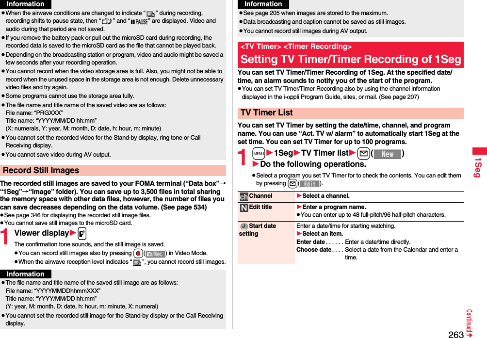 2631SegThe recorded still images are saved to your FOMA terminal (“Data box”→“1Seg”→“Image” folder). You can save up to 3,500 files in total sharing the memory space with other data files, however, the number of files you can save decreases depending on the data volume. (See page 534)See page 346 for displaying the recorded still image files.You cannot save still images to the microSD card.1Viewer displaypThe confirmation tone sounds, and the still image is saved.You can record still images also by pressing Oo( ) in Video Mode.When the airwave reception level indicates “ ”, you cannot record still images.When the airwave conditions are changed to indicate “ ” during recording, recording shifts to pause state, then “ ” and “ ” are displayed. Video and audio during that period are not saved.If you remove the battery pack or pull out the microSD card during recording, the recorded data is saved to the microSD card as the file that cannot be played back.Depending on the broadcasting station or program, video and audio might be saved a few seconds after your recording operation.You cannot record when the video storage area is full. Also, you might not be able to record when the unused space in the storage area is not enough. Delete unnecessary video files and try again.Some programs cannot use the storage area fully.The file name and title name of the saved video are as follows:File name: “PRGXXX”Title name: “YYYY/MM/DD hh:mm”(X: numerals, Y: year, M: month, D: date, h: hour, m: minute)You cannot set the recorded video for the Stand-by display, ring tone or Call Receiving display.You cannot save video during AV output.Record Still ImagesInformationInformationThe file name and title name of the saved still image are as follows:File name: “YYYYMMDDhhmmXXX”Title name: “YYYY/MM/DD hh:mm”(Y: year, M: month, D: date, h: hour, m: minute, X: numeral)You cannot set the recorded still image for the Stand-by display or the Call Receiving display. You can set TV Timer/Timer Recording of 1Seg. At the specified date/time, an alarm sounds to notify you of the start of the program.You can set TV Timer/Timer Recording also by using the channel information displayed in the i-αppli Program Guide, sites, or mail. (See page 207)You can set TV Timer by setting the date/time, channel, and program name. You can use “Act. TV w/ alarm” to automatically start 1Seg at the set time. You can set TV Timer for up to 100 programs.1m1SegTV Timer listl()Do the following operations.Select a program you set TV Timer for to check the contents. You can edit them by pressing l().See page 205 when images are stored to the maximum.Data broadcasting and caption cannot be saved as still images.You cannot record still images during AV output.&lt;TV Timer&gt; &lt;Timer Recording&gt;Setting TV Timer/Timer Recording of 1SegTV Timer ListInformationChannel Select a channel.Edit title Enter a program name.You can enter up to 48 full-pitch/96 half-pitch characters.Start date settingEnter a date/time for starting watching.Select an item.Enter date . . . . . . Enter a date/time directly.Choose date . . . . Select a date from the Calendar and enter a time.