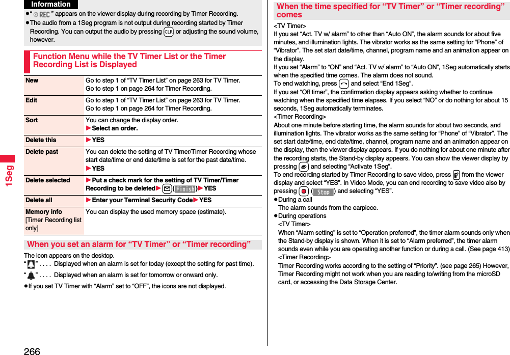 2661SegThe icon appears on the desktop.“ ” . . . .  Displayed when an alarm is set for today (except the setting for past time).“ ” . . . .  Displayed when an alarm is set for tomorrow or onward only.If you set TV Timer with “Alarm” set to “OFF”, the icons are not displayed.“ ” appears on the viewer display during recording by Timer Recording.The audio from a 1Seg program is not output during recording started by Timer Recording. You can output the audio by pressing -r or adjusting the sound volume, however.Function Menu while the TV Timer List or the Timer Recording List is DisplayedInformationNew Go to step 1 of “TV Timer List” on page 263 for TV Timer.Go to step 1 on page 264 for Timer Recording.Edit Go to step 1 of “TV Timer List” on page 263 for TV Timer.Go to step 1 on page 264 for Timer Recording.Sort You can change the display order.Select an order.Delete this YESDelete past You can delete the setting of TV Timer/Timer Recording whose start date/time or end date/time is set for the past date/time.YESDelete selected Put a check mark for the setting of TV Timer/Timer Recording to be deletedl()YESDelete all Enter your Terminal Security CodeYESMemory info[Timer Recording list only]You can display the used memory space (estimate).When you set an alarm for “TV Timer” or “Timer recording”&lt;TV Timer&gt;If you set “Act. TV w/ alarm” to other than “Auto ON”, the alarm sounds for about five minutes, and illumination lights. The vibrator works as the same setting for “Phone” of “Vibrator”. The set start date/time, channel, program name and an animation appear on the display.If you set “Alarm” to “ON” and “Act. TV w/ alarm” to “Auto ON”, 1Seg automatically starts when the specified time comes. The alarm does not sound.To end watching, press h and select “End 1Seg”.If you set “Off timer”, the confirmation display appears asking whether to continue watching when the specified time elapses. If you select “NO” or do nothing for about 15 seconds, 1Seg automatically terminates.&lt;Timer Recording&gt;About one minute before starting time, the alarm sounds for about two seconds, and illumination lights. The vibrator works as the same setting for “Phone” of “Vibrator”. The set start date/time, end date/time, channel, program name and an animation appear on the display, then the viewer display appears. If you do nothing for about one minute after the recording starts, the Stand-by display appears. You can show the viewer display by pressing x and selecting “Activate 1Seg”.To end recording started by Timer Recording to save video, press p from the viewer display and select “YES”. In Video Mode, you can end recording to save video also by pressing Oo ( ) and selecting “YES”.During a callThe alarm sounds from the earpiece.During operations&lt;TV Timer&gt;When “Alarm setting” is set to “Operation preferred”, the timer alarm sounds only when the Stand-by display is shown. When it is set to “Alarm preferred”, the timer alarm sounds even while you are operating another function or during a call. (See page 413)&lt;Timer Recording&gt;Timer Recording works according to the setting of “Priority”. (see page 265) However, Timer Recording might not work when you are reading to/writing from the microSD card, or accessing the Data Storage Center.When the time specified for “TV Timer” or “Timer recording” comes
