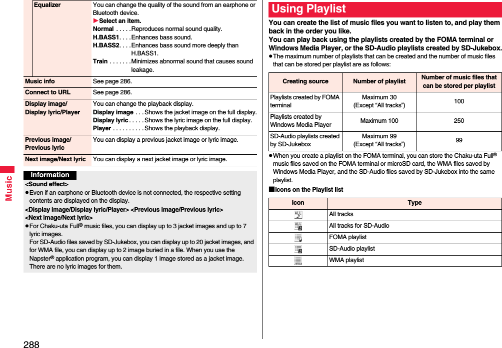 288MusicEqualizer You can change the quality of the sound from an earphone or Bluetooth device.Select an item.Normal  . . . . .Reproduces normal sound quality.H.BASS1. . . .Enhances bass sound.H.BASS2. . . .Enhances bass sound more deeply than H.BASS1.Train . . . . . . .Minimizes abnormal sound that causes sound leakage.Music info See page 286.Connect to URL See page 286.Display image/Display lyric/PlayerYou can change the playback display.Display image . . . Shows the jacket image on the full display.Display lyric . . . . . Shows the lyric image on the full display.Player . . . . . . . . . . Shows the playback display.Previous image/Previous lyricYou can display a previous jacket image or lyric image.Next image/Next lyric You can display a next jacket image or lyric image.Information&lt;Sound effect&gt;Even if an earphone or Bluetooth device is not connected, the respective setting contents are displayed on the display.&lt;Display image/Display lyric/Player&gt; &lt;Previous image/Previous lyric&gt; &lt;Next image/Next lyric&gt;For Chaku-uta Full® music files, you can display up to 3 jacket images and up to 7 lyric images. For SD-Audio files saved by SD-Jukebox, you can display up to 20 jacket images, and for WMA file, you can display up to 2 image buried in a file. When you use the Napster® application program, you can display 1 image stored as a jacket image. There are no lyric images for them.You can create the list of music files you want to listen to, and play them back in the order you like. You can play back using the playlists created by the FOMA terminal or Windows Media Player, or the SD-Audio playlists created by SD-Jukebox.The maximum number of playlists that can be created and the number of music files that can be stored per playlist are as follows:When you create a playlist on the FOMA terminal, you can store the Chaku-uta Full® music files saved on the FOMA terminal or microSD card, the WMA files saved by Windows Media Player, and the SD-Audio files saved by SD-Jukebox into the same playlist.■Icons on the Playlist listUsing PlaylistCreating source Number of playlist Number of music files that can be stored per playlistPlaylists created by FOMA terminalMaximum 30(Except “All tracks”) 100Playlists created by Windows Media Player Maximum 100 250SD-Audio playlists created by SD-JukeboxMaximum 99(Except “All tracks”) 99Icon TypeAll tracksAll tracks for SD-AudioFOMA playlistSD-Audio playlistWMA playlist