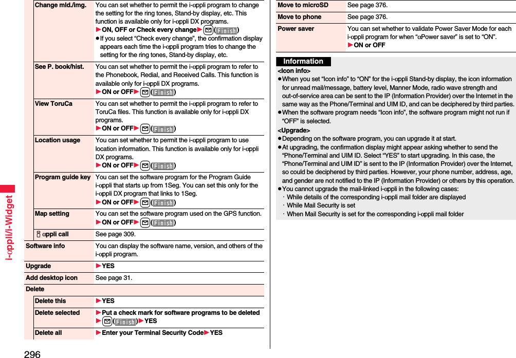 296i-αppli/i-WidgetChange mld./img. You can set whether to permit the i-αppli program to change the setting for the ring tones, Stand-by display, etc. This function is available only for i-αppli DX programs.ON, OFF or Check every changel()If you select “Check every change”, the confirmation display appears each time the i-αppli program tries to change the setting for the ring tones, Stand-by display, etc.See P. book/hist. You can set whether to permit the i-αppli program to refer to the Phonebook, Redial, and Received Calls. This function is available only for i-αppli DX programs.ON or OFFl()View ToruCa You can set whether to permit the i-αppli program to refer to ToruCa files. This function is available only for i-αppli DX programs.ON or OFFl()Location usage You can set whether to permit the i-αppli program to use location information. This function is available only for i-αppli DX programs.ON or OFFl()Program guide key You can set the software program for the Program Guide i-αppli that starts up from 1Seg. You can set this only for the i-αppli DX program that links to 1Seg.ON or OFFl()Map setting You can set the software program used on the GPS function.ON or OFFl()iαppli call See page 309.Software info You can display the software name, version, and others of the i-αppli program.Upgrade YESAdd desktop icon See page 31.DeleteDelete this YESDelete selected Put a check mark for software programs to be deletedl()YESDelete all Enter your Terminal Security CodeYESMove to microSD See page 376.Move to phone See page 376.Power saver You can set whether to validate Power Saver Mode for each i-αppli program for when “αPower saver” is set to “ON”.ON or OFFInformation&lt;Icon info&gt;When you set “Icon info” to “ON” for the i-αppli Stand-by display, the icon information for unread mail/message, battery level, Manner Mode, radio wave strength and out-of-service area can be sent to the IP (Information Provider) over the Internet in the same way as the Phone/Terminal and UIM ID, and can be deciphered by third parties.When the software program needs “Icon info”, the software program might not run if “OFF” is selected.&lt;Upgrade&gt;Depending on the software program, you can upgrade it at start.At upgrading, the confirmation display might appear asking whether to send the “Phone/Terminal and UIM ID. Select “YES” to start upgrading. In this case, the “Phone/Terminal and UIM ID” is sent to the IP (Information Provider) over the Internet, so could be deciphered by third parties. However, your phone number, address, age, and gender are not notified to the IP (Information Provider) or others by this operation.You cannot upgrade the mail-linked i-αppli in the following cases:・While details of the corresponding i-αppli mail folder are displayed・While Mail Security is set・When Mail Security is set for the corresponding i-αppli mail folder