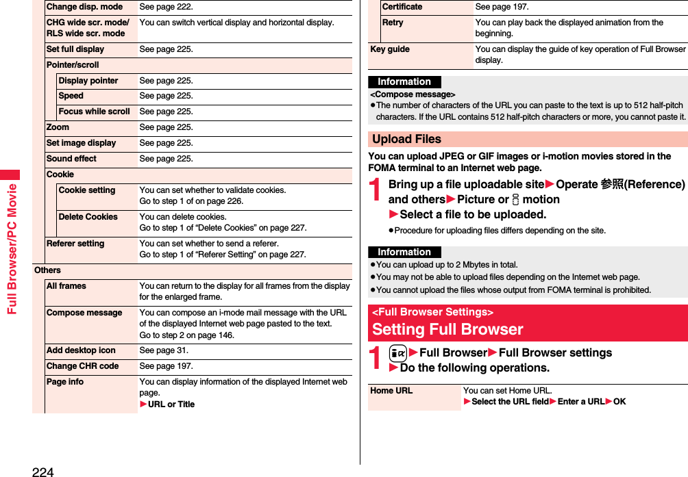224Full Browser/PC MovieChange disp. mode See page 222.CHG wide scr. mode/ RLS wide scr. modeYou can switch vertical display and horizontal display.Set full display See page 225.Pointer/scrollDisplay pointer See page 225.Speed See page 225.Focus while scroll See page 225.Zoom See page 225.Set image display See page 225.Sound effect See page 225.CookieCookie setting You can set whether to validate cookies.Go to step 1 of on page 226.Delete Cookies You can delete cookies.Go to step 1 of “Delete Cookies” on page 227.Referer setting You can set whether to send a referer.Go to step 1 of “Referer Setting” on page 227.OthersAll frames You can return to the display for all frames from the display for the enlarged frame.Compose message You can compose an i-mode mail message with the URL of the displayed Internet web page pasted to the text.Go to step 2 on page 146.Add desktop icon See page 31.Change CHR code See page 197.Page info You can display information of the displayed Internet web page.URL or TitleYou can upload JPEG or GIF images or i-motion movies stored in the FOMA terminal to an Internet web page.1Bring up a file uploadable siteOperate 参照(Reference) and othersPicture orimotionSelect a file to be uploaded.Procedure for uploading files differs depending on the site.1iFull BrowserFull Browser settingsDo the following operations.Certificate See page 197.Retry You can play back the displayed animation from the beginning.Key guide You can display the guide of key operation of Full Browser display.Information&lt;Compose message&gt;The number of characters of the URL you can paste to the text is up to 512 half-pitch characters. If the URL contains 512 half-pitch characters or more, you cannot paste it.Upload FilesInformationYou can upload up to 2 Mbytes in total.You may not be able to upload files depending on the Internet web page.You cannot upload the files whose output from FOMA terminal is prohibited.&lt;Full Browser Settings&gt;Setting Full BrowserHome URL You can set Home URL.Select the URL fieldEnter a URLOK