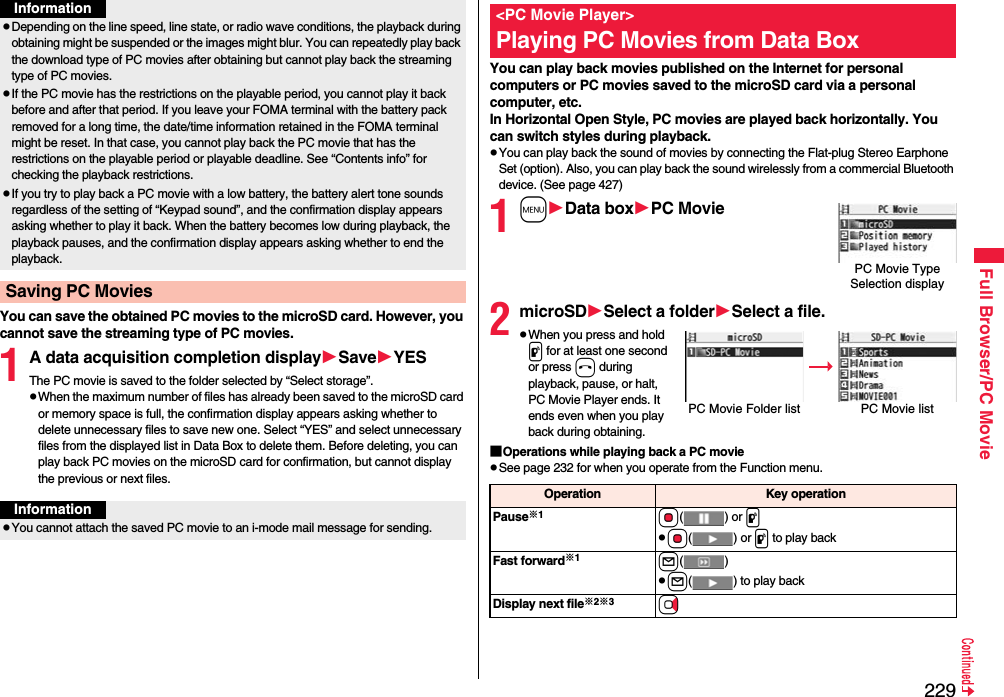 229Full Browser/PC MovieYou can save the obtained PC movies to the microSD card. However, you cannot save the streaming type of PC movies.1A data acquisition completion displaySaveYESThe PC movie is saved to the folder selected by “Select storage”.When the maximum number of files has already been saved to the microSD card or memory space is full, the confirmation display appears asking whether to delete unnecessary files to save new one. Select “YES” and select unnecessary files from the displayed list in Data Box to delete them. Before deleting, you can play back PC movies on the microSD card for confirmation, but cannot display the previous or next files.Depending on the line speed, line state, or radio wave conditions, the playback during obtaining might be suspended or the images might blur. You can repeatedly play back the download type of PC movies after obtaining but cannot play back the streaming type of PC movies.If the PC movie has the restrictions on the playable period, you cannot play it back before and after that period. If you leave your FOMA terminal with the battery pack removed for a long time, the date/time information retained in the FOMA terminal might be reset. In that case, you cannot play back the PC movie that has the restrictions on the playable period or playable deadline. See “Contents info” for checking the playback restrictions.If you try to play back a PC movie with a low battery, the battery alert tone sounds regardless of the setting of “Keypad sound”, and the confirmation display appears asking whether to play it back. When the battery becomes low during playback, the playback pauses, and the confirmation display appears asking whether to end the playback.Saving PC MoviesInformationInformationYou cannot attach the saved PC movie to an i-mode mail message for sending.You can play back movies published on the Internet for personal computers or PC movies saved to the microSD card via a personal computer, etc.In Horizontal Open Style, PC movies are played back horizontally. You can switch styles during playback.You can play back the sound of movies by connecting the Flat-plug Stereo Earphone Set (option). Also, you can play back the sound wirelessly from a commercial Bluetooth device. (See page 427)1mData boxPC Movie2microSDSelect a folderSelect a file.When you press and hold p for at least one second or press h during playback, pause, or halt, PC Movie Player ends. It ends even when you play back during obtaining.■Operations while playing back a PC movieSee page 232 for when you operate from the Function menu.&lt;PC Movie Player&gt;Playing PC Movies from Data BoxPC Movie Type Selection displayPC Movie Folder list PC Movie listOperation Key operationPause※1Oo() or pOo() or p to play backFast forward※1l()l( ) to play backDisplay next file※2※3Vo