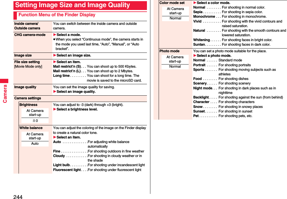 244CameraSetting Image Size and Image QualityFunction Menu of the Finder DisplayInside camera/Outside cameraYou can switch between the inside camera and outside camera.CHG camera-mode Select a mode.When you select “Continuous mode”, the camera starts in the mode you used last time, “Auto”, “Manual”, or “Auto bracket”.Image size Select an image size.File size setting[Movie Mode only]Select an item.Mail restrict’n (S). . . You can shoot up to 500 Kbytes.Mail restrict’n (L) . . . You can shoot up to 2 Mbytes.Long time . . . . . . . . . You can shoot for a long time. The movie is saved to the microSD card.Image quality You can set the image quality for saving.Select an image quality.Camera settingsBrightness You can adjust to -3 (dark) through +3 (bright).Select a brightness level.White balance You can adjust the coloring of the image on the Finder display to create a natural color tone.Select an item.Auto  . . . . . . . . . . . . . .For adjusting white balance automaticallyFine . . . . . . . . . . . . . . .For shooting outdoors in fine weatherCloudy  . . . . . . . . . . . .For shooting in cloudy weather or in the shadeLight bulb . . . . . . . . . .For shooting under incandescent lightFluorescent light. . . .For shooting under fluorescent lightAt Camera start-up±0At Camera start-upAutoColor mode set Select a color mode.Normal  . . . . . . . . For shooting in normal color.Sepia . . . . . . . . . . For shooting in sepia color.Monochrome . . . For shooting in monochrome.Vivid  . . . . . . . . . . For shooting with the vivid contours and raised saturation.Natural  . . . . . . . . For shooting with the smooth contours and lowered saturation.Whitening . . . . . . For shooting faces in bright color.Suntan. . . . . . . . . For shooting faces in dark color.Photo mode You can set a photo mode suitable for the place. Select a photo mode.Normal  . . . . . .  Standard modePortrait  . . . . . .  For shooting portraitsSports . . . . . . .  For shooting moving subjects such as athletesFood  . . . . . . . .  For shooting dishesScenery. . . . . .  For shooting sceneryNight mode. . .  For shooting in dark places such as in nighttimeBacklight. . . . .  For shooting against the sun (from behind)Character . . . .  For shooting charactersSnow . . . . . . . .  For shooting in snowy placesSunset. . . . . . .  For shooting in sunsetPet . . . . . . . . . .  For shooting pets, etc.At Camera start-upNormalAt Camera start-upNormal