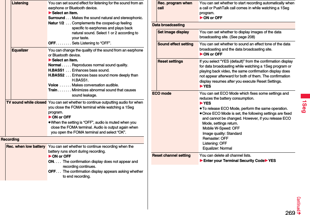 2691SegListening You can set sound effect for listening for the sound from an earphone or Bluetooth device.Select an item.Surround . . . Makes the sound natural and stereophonic.Natur 1/2  . . . Complements the cooped-up feeling specific to earphones and plays back natural sound. Select 1 or 2 according to your taste.OFF. . . . . . . . Sets Listening to “OFF”.Equalizer You can change the quality of the sound from an earphone or Bluetooth device.Select an item.Normal . . . . . Reproduces normal sound quality.H.BASS1 . . . Enhances bass sound.H.BASS2 . . . Enhances bass sound more deeply than H.BASS1.Voice  . . . . . . Makes conversation audible.Train . . . . . . . Minimizes abnormal sound that causes sound leakage.TV sound while closed You can set whether to continue outputting audio for when you close the FOMA terminal while watching a 1Seg program.ON or OFFWhen the setting is “OFF”, audio is muted when you close the FOMA terminal. Audio is output again when you open the FOMA terminal and select “OK”.RecordingRec. when low battery You can set whether to continue recording when the battery runs short during recording.ON or OFFON. . . .  The confirmation display does not appear and recording continues.OFF. . .  The confirmation display appears asking whether to end recording.Rec. program when callYou can set whether to start recording automatically when a call or PushTalk call comes in while watching a 1Seg program.ON or OFFData broadcastingSet image display You can set whether to display images of the data broadcasting site. (See page 208)Sound effect setting You can set whether to sound an effect tone of the data broadcasting and the data broadcasting site.ON or OFFReset settings If you select “YES (default)” from the confirmation display for data broadcasting while watching a 1Seg program or playing back video, the same confirmation display does not appear afterward for both of them. The confirmation display resumes after you execute Reset Settings.YESECO mode You can set ECO Mode which fixes some settings and reduces the battery consumption.YESTo release ECO Mode, perform the same operation.Once ECO Mode is set, the following settings are fixed and cannot be changed. However, if you release ECO Mode, settings return.Mobile W-Speed: OFFImage quality: StandardRemaster: OFFListening: OFFEqualizer: NormalReset channel setting You can delete all channel lists.Enter your Terminal Security CodeYES
