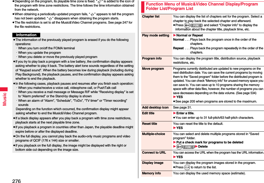 276MusicDepending on the program, its playable time zone is fixed. “ ” is added to the icon of the program with time zone restrictions. The time follows the time information obtained from the network.When obtaining a periodically-updated program fails, “ ” appears to tell the program has not been updated. “ ” disappears when obtaining the program starts.The file restriction is set to all the Music&amp;Video Channel programs. See page 247 for the file restrictions.InformationThe information of the previously played program is erased if you do the following operations:･When you turn on/off the FOMA terminal･When you update the program･When you delete or move the previously played programIf you try to play back a program with a low battery, the confirmation display appears asking whether to play it back. The battery alert tone sounds regardless of the setting of “Keypad sound”. When the battery becomes low during playback (including during Play Background), the playback pauses, and the confirmation display appears asking whether to end the playback.In the following cases, playback pauses and resumes after you finish each operation:･When you make/receive a voice call, videophone call, or PushTalk call･When you receive a mail message or Message R/F while “Receiving display” is set to “Alarm preferred” or the Stand-by display is shown･When an alarm of “Alarm”, “Schedule”, “ToDo”, “TV timer” or “Timer recording” soundsDepending on the function which occurred, the confirmation display might appear asking whether to end the Music&amp;Video Channel program.If a black display appears after you play back a program with time zone restrictions, playback starts at the next playable time zone.If you playback a program in countries other than Japan, the playable deadline might expire before or after the displayed deadline.On the full display, you cannot play back the audio-only music programs and video programs of QCIF (176 x 144) size or smaller.If you playback on the full display, the image might be displayed with the right or bottom side cut depending on the image size.Function Menu of Music&amp;Video Channel Display/Program Folder List/Program ListChapter list You can display the list of chapters set for the program. Select a chapter to play back the selected chapter and afterward.Press i() and select “Chapter info” to display the information about the chapter title, playback time, etc.Play mode setting Normal or RepeatNormal . . . Plays back the program once in the order of the chapters.Repeat  . . . Plays back the program repeatedly in the order of the chapters.Program info You can display the program title, distribution source, playback restrictions, etc.Move programPrograms currently distributed are updated to new programs on the next distribution date. You can save the current programs by moving them to the “Saved program” folder before the distributed program is updated. You can check “Memory info” for unused memory space you can save to. You can save up to 10 programs sharing the memory space with other data files, however, the number of programs you can save decreases depending on the data volume. (See page 534)YESSee page 205 when programs are stored to the maximum.Add desktop icon See page 31.Edit title Enter a title.You can enter up to 31 full-pitch/63 half-pitch characters.Reset title You can reset the title to the default.YESMultiple-choice You can select and delete multiple programs stored in “Saved program” folder.Put a check mark for programs to be deletedi()DeleteConnect to URLYou can access the URL when the program has the URL information.YESDisplay image You can display the program images stored in the program.Press r to return to the list.Memory info You can display the used memory space (estimate).