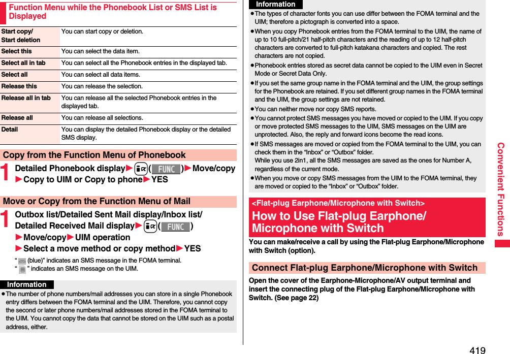 419Convenient Functions1Detailed Phonebook displayi()Move/copyCopy to UIM or Copy to phoneYES 1Outbox list/Detailed Sent Mail display/Inbox list/Detailed Received Mail displayi()Move/copyUIM operationSelect a move method or copy methodYES“ (blue)” indicates an SMS message in the FOMA terminal.“ ” indicates an SMS message on the UIM.Function Menu while the Phonebook List or SMS List is DisplayedStart copy/Start deletionYou can start copy or deletion.Select this You can select the data item.Select all in tab You can select all the Phonebook entries in the displayed tab.Select all You can select all data items.Release this You can release the selection.Release all in tab You can release all the selected Phonebook entries in the displayed tab.Release all You can release all selections.Detail You can display the detailed Phonebook display or the detailed SMS display.Copy from the Function Menu of PhonebookMove or Copy from the Function Menu of MailInformationpThe number of phone numbers/mail addresses you can store in a single Phonebook entry differs between the FOMA terminal and the UIM. Therefore, you cannot copy the second or later phone numbers/mail addresses stored in the FOMA terminal to the UIM. You cannot copy the data that cannot be stored on the UIM such as a postal address, either.You can make/receive a call by using the Flat-plug Earphone/Microphone with Switch (option).Open the cover of the Earphone-Microphone/AV output terminal and insert the connecting plug of the Flat-plug Earphone/Microphone with Switch. (See page 22)pThe types of character fonts you can use differ between the FOMA terminal and the UIM; therefore a pictograph is converted into a space.pWhen you copy Phonebook entries from the FOMA terminal to the UIM, the name of up to 10 full-pitch/21 half-pitch characters and the reading of up to 12 half-pitch characters are converted to full-pitch katakana characters and copied. The rest characters are not copied.pPhonebook entries stored as secret data cannot be copied to the UIM even in Secret Mode or Secret Data Only.pIf you set the same group name in the FOMA terminal and the UIM, the group settings for the Phonebook are retained. If you set different group names in the FOMA terminal and the UIM, the group settings are not retained.pYou can neither move nor copy SMS reports.pYou cannot protect SMS messages you have moved or copied to the UIM. If you copy or move protected SMS messages to the UIM, SMS messages on the UIM are unprotected. Also, the reply and forward icons become the read icons.pIf SMS messages are moved or copied from the FOMA terminal to the UIM, you can check them in the “Inbox” or “Outbox” folder.While you use 2in1, all the SMS messages are saved as the ones for Number A, regardless of the current mode.pWhen you move or copy SMS messages from the UIM to the FOMA terminal, they are moved or copied to the “Inbox” or “Outbox” folder.&lt;Flat-plug Earphone/Microphone with Switch&gt;How to Use Flat-plug Earphone/Microphone with SwitchConnect Flat-plug Earphone/Microphone with SwitchInformation