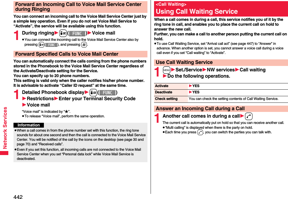 442Network ServicesYou can connect an incoming call to the Voice Mail Service Center just by a simple key operation. Even if you do not set Voice Mail Service to “Activate”, the service will be available using this function.1During ringingi()Voice mailpYou can connect the incoming call to the Voice Mail Service Center also by pressing i( ), and pressing s.You can automatically connect the calls coming from the phone numbers stored in the Phonebook to the Voice Mail Service Center regardless of the Activate/Deactivate setting for the Service.You can specify up to 20 phone numbers.This setting is valid only when the caller notifies his/her phone number. It is advisable to activate “Caller ID request” at the same time.1Detailed Phonebook displayi()RestrictionsEnter your Terminal Security CodeVoice mail“Voice mail” is indicated by “★”.pTo release “Voice mail”, perform the same operation.Forward an Incoming Call to Voice Mail Service Center during RingingForward Specified Calls to Voice Mail CenterInformationpWhen a call comes in from the phone number set with this function, the ring tone sounds for about one second and then the call is connected to the Voice Mail Service Center. You will be notified of the call by the icons on the desktop (see page 30 and page 70) and “Received calls”.pEven if you set this function, all incoming calls are not connected to the Voice Mail Service Center when you set “Personal data lock” while Voice Mail Service is deactivated.When a call comes in during a call, this service notifies you of it by the ring tone in call, and enables you to place the current call on hold to answer the new call.Further, you can make a call to another person putting the current call on hold.pTo use Call Waiting Service, set “Arrival call act” (see page 447) to “Answer” in advance. When another option is set, you cannot answer a voice call during a voice call even if you set “Call waiting” to “Activate”.1mSet./ServiceNW servicesCall waitingDo the following operations.1Another call comes in during a calldThe current call is automatically put on hold so that you can receive another call.p“Multi calling” is displayed when there is the party on hold.pEach time you press d, you can switch the parties you can talk with.&lt;Call Waiting&gt;Using Call Waiting ServiceUse Call Waiting ServiceActivate YESDeactivate YESCheck setting You can check the setting contents of Call Waiting Service.Answer an Incoming Call during a Call