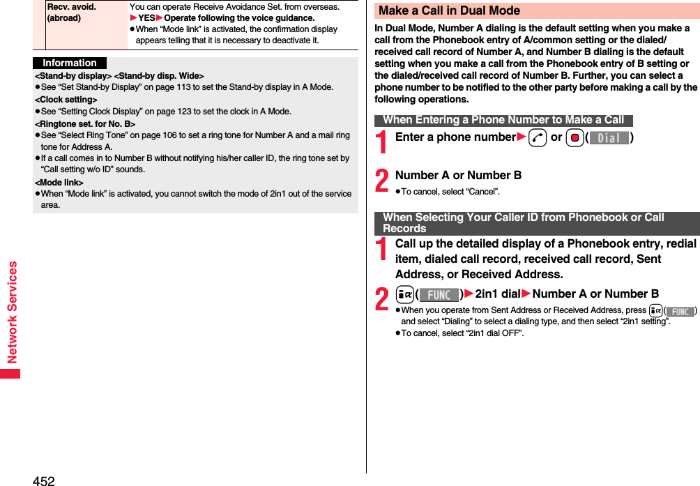 452Network ServicesRecv. avoid. (abroad)You can operate Receive Avoidance Set. from overseas.YESOperate following the voice guidance.pWhen “Mode link” is activated, the confirmation display appears telling that it is necessary to deactivate it.Information&lt;Stand-by display&gt; &lt;Stand-by disp. Wide&gt;pSee “Set Stand-by Display” on page 113 to set the Stand-by display in A Mode.&lt;Clock setting&gt;pSee “Setting Clock Display” on page 123 to set the clock in A Mode.&lt;Ringtone set. for No. B&gt;pSee “Select Ring Tone” on page 106 to set a ring tone for Number A and a mail ring tone for Address A.pIf a call comes in to Number B without notifying his/her caller ID, the ring tone set by “Call setting w/o ID” sounds.&lt;Mode link&gt;pWhen “Mode link” is activated, you cannot switch the mode of 2in1 out of the service area.In Dual Mode, Number A dialing is the default setting when you make a call from the Phonebook entry of A/common setting or the dialed/received call record of Number A, and Number B dialing is the default setting when you make a call from the Phonebook entry of B setting or the dialed/received call record of Number B. Further, you can select a phone number to be notified to the other party before making a call by the following operations.1Enter a phone numberd or Oo()2Number A or Number BpTo cancel, select “Cancel”.1Call up the detailed display of a Phonebook entry, redial item, dialed call record, received call record, Sent Address, or Received Address.2i()2in1 dialNumber A or Number BpWhen you operate from Sent Address or Received Address, press i() and select “Dialing” to select a dialing type, and then select “2in1 setting”.pTo cancel, select “2in1 dial OFF”.Make a Call in Dual ModeWhen Entering a Phone Number to Make a CallWhen Selecting Your Caller ID from Phonebook or Call Records