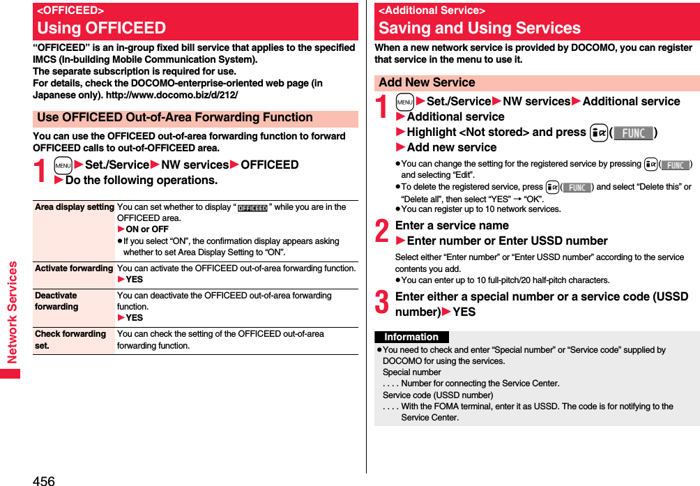 456Network Services“OFFICEED” is an in-group fixed bill service that applies to the specified IMCS (In-building Mobile Communication System). The separate subscription is required for use. For details, check the DOCOMO-enterprise-oriented web page (in Japanese only). http://www.docomo.biz/d/212/You can use the OFFICEED out-of-area forwarding function to forward OFFICEED calls to out-of-OFFICEED area.1mSet./ServiceNW servicesOFFICEEDDo the following operations.&lt;OFFICEED&gt;Using OFFICEEDUse OFFICEED Out-of-Area Forwarding FunctionArea display setting You can set whether to display “ ” while you are in the OFFICEED area.ON or OFFpIf you select “ON”, the confirmation display appears asking whether to set Area Display Setting to “ON”.Activate forwarding You can activate the OFFICEED out-of-area forwarding function.YESDeactivate forwardingYou can deactivate the OFFICEED out-of-area forwarding function.YESCheck forwarding set.You can check the setting of the OFFICEED out-of-area forwarding function.When a new network service is provided by DOCOMO, you can register that service in the menu to use it.1mSet./ServiceNW servicesAdditional serviceAdditional serviceHighlight &lt;Not stored&gt; and press i()Add new servicepYou can change the setting for the registered service by pressing i() and selecting “Edit”.pTo delete the registered service, press i( ) and select “Delete this” or “Delete all”, then select “YES” → “OK”.pYou can register up to 10 network services.2Enter a service nameEnter number or Enter USSD numberSelect either “Enter number” or “Enter USSD number” according to the service contents you add.pYou can enter up to 10 full-pitch/20 half-pitch characters.3Enter either a special number or a service code (USSD number)YES&lt;Additional Service&gt;Saving and Using ServicesAdd New ServiceInformationpYou need to check and enter “Special number” or “Service code” supplied by DOCOMO for using the services.Special number. . . . Number for connecting the Service Center.Service code (USSD number). . . . With the FOMA terminal, enter it as USSD. The code is for notifying to the Service Center.