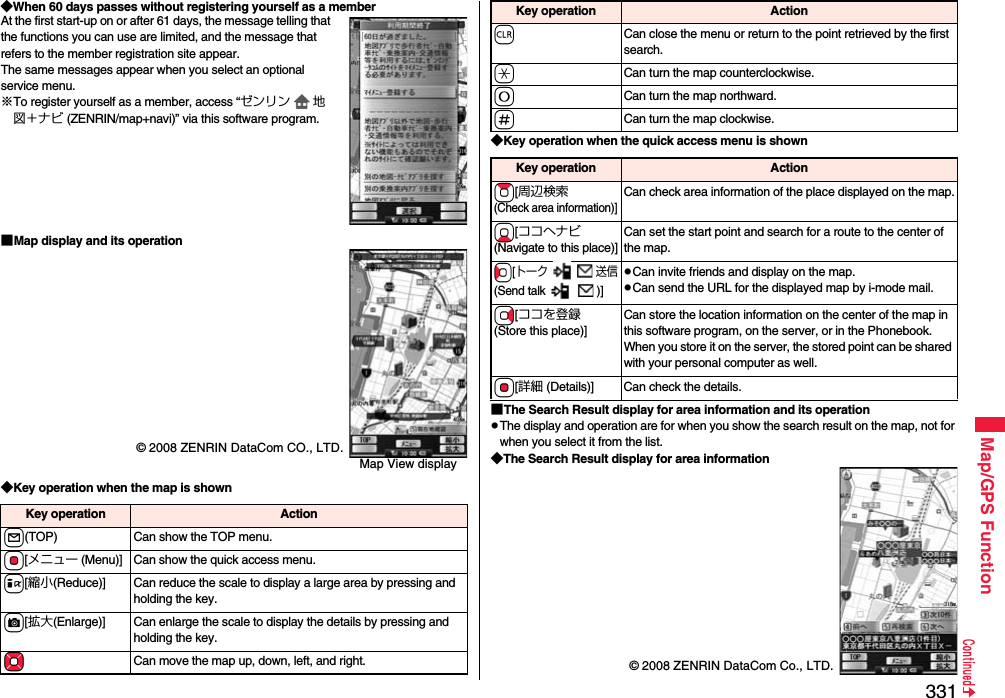 331Map/GPS Function◆When 60 days passes without registering yourself as a memberAt the first start-up on or after 61 days, the message telling that the functions you can use are limited, and the message that refers to the member registration site appear. The same messages appear when you select an optional service menu.※To register yourself as a member, access “ゼンリン 地図＋ナビ (ZENRIN/map+navi)” via this software program.■Map display and its operation◆Key operation when the map is shown© 2008 ZENRIN DataCom CO., LTD.Map View displayKey operation Actionl(TOP) Can show the TOP menu.Oo[メニュー (Menu)] Can show the quick access menu.i[縮小(Reduce)] Can reduce the scale to display a large area by pressing and holding the key.c[拡大(Enlarge)] Can enlarge the scale to display the details by pressing and holding the key.MoCan move the map up, down, left, and right.◆Key operation when the quick access menu is shown■The Search Result display for area information and its operationpThe display and operation are for when you show the search result on the map, not for when you select it from the list.◆The Search Result display for area informationrCan close the menu or return to the point retrieved by the first search.aCan turn the map counterclockwise.0Can turn the map northward.sCan turn the map clockwise.Key operation ActionKey operation ActionZo[周辺検索(Check area information)]Can check area information of the place displayed on the map.Xo[ココへナビ(Navigate to this place)]Can set the start point and search for a route to the center of the map.Co[トーク 送信(Send talk  )]pCan invite friends and display on the map.pCan send the URL for the displayed map by i-mode mail.Vo[ココを登録(Store this place)]Can store the location information on the center of the map in this software program, on the server, or in the Phonebook. When you store it on the server, the stored point can be shared with your personal computer as well.Oo[詳細 (Details)] Can check the details.© 2008 ZENRIN DataCom Co., LTD.