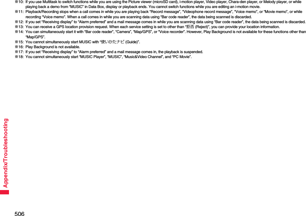 506Appendix/Troubleshooting※10: If you use Multitask to switch functions while you are using the Picture viewer (microSD card), i-motion player, Video player, Chara-den player, or Melody player, or while playing back a demo from “MUSIC” in Data Box, display or playback ends. You cannot switch functions while you are editing an i-motion movie.※11: Playback/Recording stops when a call comes in while you are playing back “Record message”, “Videophone record message”, “Voice memo”, or “Movie memo”, or while recording “Voice memo”. When a call comes in while you are scanning data using “Bar code reader”, the data being scanned is discarded.※12: If you set “Receiving display” to “Alarm preferred” and a mail message comes in while you are scanning data using “Bar code reader”, the data being scanned is discarded.※13: You can receive a GPS location provision request. When each service setting is set to other than “拒否 (Reject)”, you can provide your location information.※14: You can simultaneously start it with “Bar code reader”, “Camera”, “Map/GPS”, or “Voice recorder”. However, Play Background is not available for these functions other than “Map/GPS”.※15: You cannot simultaneously start MUSIC with “使いかたナビ (Guide)”.※16: Play Background is not available.※17: If you set “Receiving display” to “Alarm preferred” and a mail message comes in, the playback is suspended.※18: You cannot simultaneously start “MUSIC Player”, “MUSIC”, “Music&amp;Video Channel”, and “PC Movie”.