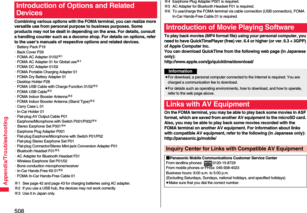 508Appendix/TroubleshootingCombining various options with the FOMA terminal, you can realize more versatile use from personal purpose to business purposes. Some products may not be dealt in depending on the area. For details, consult a handling counter such as a docomo shop. For details on options, refer to the user’s manuals of respective options and related devices.・Battery Pack P19・Back Cover P29・FOMA AC Adapter 01/02※1・FOMA AC Adapter 01 for Global use※1・FOMA DC Adapter 01/02・FOMA Portable Charging Adapter 01・FOMA Dry Battery Adapter 01・Desktop Holder P28・FOMA USB Cable with Charge Function 01/02※2・FOMA USB Cable※2・FOMA Indoor Booster Antenna※3・FOMA Indoor Booster Antenna (Stand Type)※3・Carry Case L 01・In-Car Holder 01・Flat-plug AV Output Cable P01・Earphone/Microphone with Switch P001/P002※4・Stereo Earphone Set P001※4・Earphone Plug Adapter P001・Flat-plug Earphone/Microphone with Switch P01/P02・Flat-plug Stereo Earphone Set P01・Flat-plug Connector/Stereo Mini-jack Conversion Adapter P01・Bluetooth Headset F01※5・AC Adapter for Bluetooth Headset F01・Wireless Earphone Set P01/02・Bone conduction microphone/receiver・In-Car Hands-Free Kit 01※6・FOMA In-Car Hands-Free Cable 01※1 See page 42 and page 43 for charging batteries using AC adapter.※2 If you use a USB hub, the devices may not work correctly.※3 Use it in Japan only.Introduction of Options and Related Devices※4 Earphone Plug Adapter P001 is required.※5 AC Adapter for Bluetooth Headset F01 is required.※6 To use/charge the FOMA terminal via cable connection (USB connection), FOMA In-Car Hands-Free Cable 01 is required.To play back movies (MP4 format file) using your personal computer, you need to have QuickTimePlayer (free) ver. 6.4 or higher (or ver. 6.3 + 3GPP) of Apple Computer Inc.You can download QuickTime from the following web page (in Japanese only): http://www.apple.com/jp/quicktime/download/On the FOMA terminal, you may be able to play back some movies in ASF format, which are saved from another AV equipment to the microSD card. Also, you may be able to play back some movies recorded with the FOMA terminal on another AV equipment. For information about links with compatible AV equipment, refer to the following (in Japanese only):http://panasonic.jp/mobile/Introduction of Movie Playing SoftwareInformationpFor download, a personal computer connected to the Internet is required. You are charged a communication fee to download.pFor details such as operating environments, how to download, and how to operate, refer to the web page above. Links with AV EquipmentInquiry Center for Links with Compatible AV Equipment■Panasonic Mobile Communications Customer Service CenterFrom landline phones:  0120-15-8729From mobile phones or PHSs: 045-938-4023Business hours: 9:00 a.m. to 5:00 p.m.(Excluding Saturdays, Sundays, national holidays, and specified holidays)pMake sure that you dial the correct number.