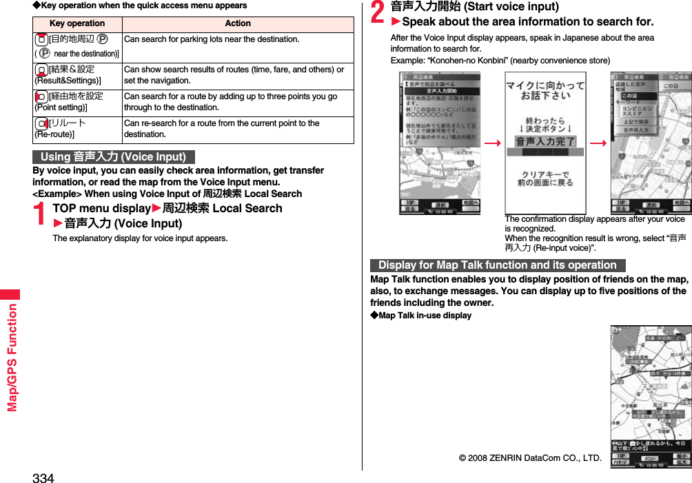 334Map/GPS Function◆Key operation when the quick access menu appearsBy voice input, you can easily check area information, get transfer information, or read the map from the Voice Input menu.&lt;Example&gt; When using Voice Input of 周辺検索 Local Search1TOP menu display周辺検索 Local Search音声入力 (Voice Input)The explanatory display for voice input appears.Key operation ActionZo[目的地周辺(  near the destination)]Can search for parking lots near the destination.Xo[結果＆設定(Result&amp;Settings)]Can show search results of routes (time, fare, and others) or set the navigation.Co[経由地を設定(Point setting)]Can search for a route by adding up to three points you go through to the destination.Vo[リルート(Re-route)]Can re-search for a route from the current point to the destination.Using 音声入力 (Voice Input)2音声入力開始 (Start voice input)Speak about the area information to search for.After the Voice Input display appears, speak in Japanese about the area information to search for.Example: “Konohen-no Konbini” (nearby convenience store)Map Talk function enables you to display position of friends on the map, also, to exchange messages. You can display up to five positions of the friends including the owner.◆Map Talk in-use displayDisplay for Map Talk function and its operationThe confirmation display appears after your voice is recognized. When the recognition result is wrong, select “音声再入力 (Re-input voice)”.© 2008 ZENRIN DataCom CO., LTD.