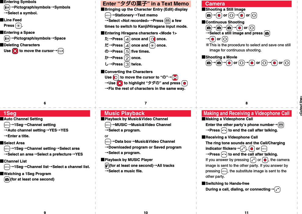 &lt;Cutout line&gt;67891011■Entering Symbolsi→Pictograph/symbols→Symbols→Select a symbol.■Line FeedPress a.■Entering a Spacei→Pictograph/symbols→Space■Deleting CharactersUse Mo to move the cursor→r■Bringing up the Character Entry (Edit) displaym→Stationery→Text memo→Select &lt;Not recorded&gt;→Press l a few times to switch to Kanji/Hiragana input mode.■Entering Hiragana characters &lt;Mode 1&gt;た→Press 4 once and Vo once.だ→Press 4 once and a once.の→Press 5 five times.か→Press 2 once.し→Press 3 twice.■Converting the CharactersUse Co to move the cursor to “の”→Bo→Use Mo to highlight “タダの” and press Oo→Fix the rest of characters in the same way.Enter “タダの菓子” in a Text Memo■Shooting a Still Imagec→Oo or 0→Oo or 0■Continuous Shootingc→c→c→Oo or 0→Select a still image and press c→Oo or 0※This is the procedure to select and save one still image for continuous shooting.■Shooting a Moviec→c→Oo or 0→Oo or 0→Oo or 0Camera■Auto Channel Settingm→1Seg→Channel setting→Auto channel setting→YES→YES→Enter a title.■Select Aream→1Seg→Channel setting→Select area→Select an area→Select a prefecture→YES■Channel Listm→1Seg→Channel list→Select a channel list.■Watching a 1Seg Programc(for at least one second)1Seg■Playback by Music&amp;Video Channelm→MUSIC→Music&amp;Video Channel→Select a program.orm→Data box→Music&amp;Video Channel→Downloaded program or Saved program→Select a program.■Playback by MUSIC Playerp(for at least one second)→All tracks→Select a music file.Music Playback■Making a Videophone CallEnter the other party’s phone number→l→Press h to end the call after talking.■Receiving a Videophone CallThe ring tone sounds and the Call/Charging indicator flickers→d, Oo or m→Press h to end the call after talking.If you answer by pressing d or Oo, the camera image is sent to the other party. If you answer by pressing m, the substitute image is sent to the other party.■Switching to Hands-freeDuring a call, dialing, or connecting→dMaking and Receiving a Videophone Call