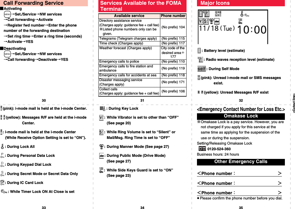 &lt;Cutout line&gt;30 31 3233 34 35■Activatingm→Set./Service→NW services→Call forwarding→Activate→Register fwd number→Enter the phone number of the forwarding destination→Set ring time→Enter a ring time (seconds)→Activate→YES■Deactivatingm→Set./Service→NW services→Call forwarding→Deactivate→YESCall Forwarding Service Services Available for the FOMA TerminalAvailable servicePhone numberDirectory assistance service (Charges apply: guidance fee + call fee)※Listed phone numbers only can be given.(No prefix) 104Telegrams (Telegram charges apply) (No prefix) 115Time check (Charges apply) (No prefix) 117Weather forecast (Charges apply) City code of the desired area＋177Emergency calls to police (No prefix) 110Emergency calls to fire station and ambulance (No prefix) 119Emergency calls for accidents at sea (No prefix) 118Disaster messaging service (Charges apply) (No prefix) 171Collect calls (Charges apply: guidance fee + call fee)(No prefix) 106: Battery level (estimate): Radio waves reception level (estimate): During Self Mode(pink): Unread i-mode mail or SMS messages exist.(yellow): Unread Messages R/F existMajor Icons(pink): i-mode mail is held at the i-mode Center.(yellow): Messages R/F are held at the i-mode Center.: i-mode mail is held at the i-mode Center (While Receive Option Setting is set to “ON”).: During Lock All: During Personal Data Lock: During Keypad Dial Lock: During Secret Mode or Secret Data Only: During IC Card Lock: While Timer Lock ON At Close is set: During Key Lock: While Vibrator is set to other than “OFF” (See page 20): While Ring Volume is set to “Silent” or Mail/Msg. Ring Time is set to “OFF”: During Manner Mode (See page 27): During Public Mode (Drive Mode) (See page 27): While Side Keys Guard is set to “ON” (See page 23)&lt;Emergency Contact Number for Loss Etc.&gt;※Omakase Lock is a pay service. However, you are not charged if you apply for this service at the same time as applying for the suspension of the use or during the suspension.Setting/Releasing Omakase Lock0120-524-360Business hours: 24 hours＜Phone number：              ＞＜Phone number：              ＞＜Phone number：              ＞pPlease confirm the phone number before you dial.Omakase LockOther Emergency Calls