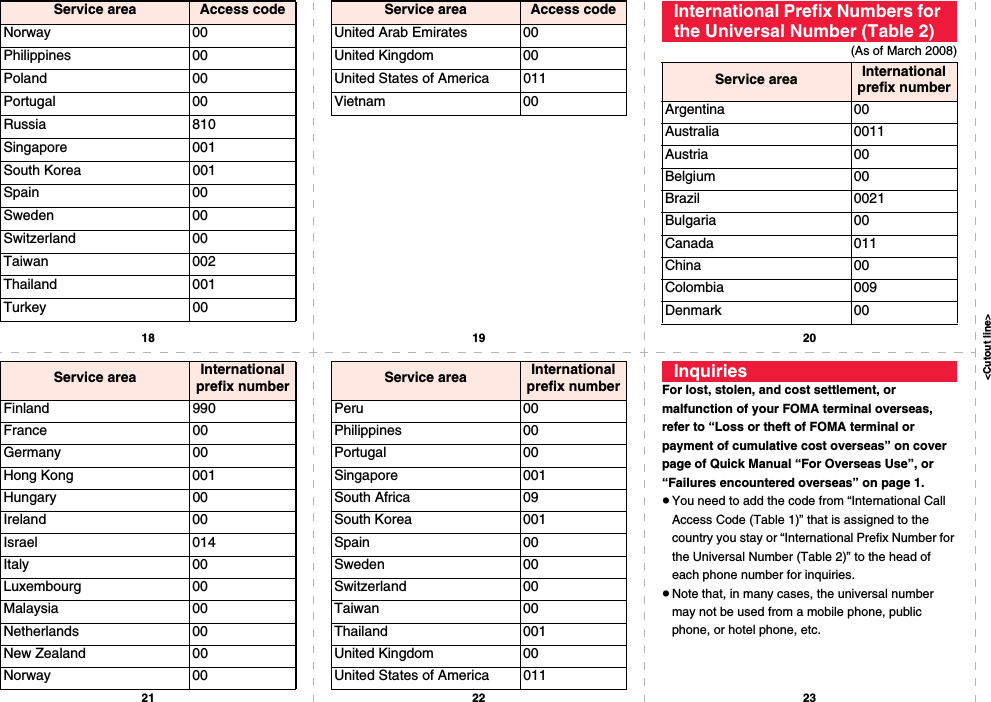 &lt;Cutout line&gt;18 19 2021 22 23Norway 00Philippines 00Poland 00Portugal 00Russia 810Singapore 001South Korea 001Spain 00Sweden 00Switzerland 00Taiwan 002Thailand 001Turkey 00Service area Access codeUnited Arab Emirates 00United Kingdom 00United States of America 011Vietnam 00Service area Access code(As of March 2008)International Prefix Numbers for the Universal Number (Table 2)Service area International prefix numberArgentina 00Australia 0011Austria 00Belgium 00Brazil 0021Bulgaria 00Canada 011China 00Colombia 009Denmark 00Finland 990France 00Germany 00Hong Kong 001Hungary 00Ireland 00Israel 014Italy 00Luxembourg 00Malaysia 00Netherlands 00New Zealand 00Norway 00Service area International prefix numberPeru 00Philippines 00Portugal 00Singapore 001South Africa 09South Korea 001Spain 00Sweden 00Switzerland 00Taiwan 00Thailand 001United Kingdom 00United States of America 011Service area International prefix number For lost, stolen, and cost settlement, or malfunction of your FOMA terminal overseas, refer to “Loss or theft of FOMA terminal or payment of cumulative cost overseas” on cover page of Quick Manual “For Overseas Use”, or “Failures encountered overseas” on page 1.pYou need to add the code from “International Call Access Code (Table 1)” that is assigned to the country you stay or “International Prefix Number for the Universal Number (Table 2)” to the head of each phone number for inquiries.pNote that, in many cases, the universal number may not be used from a mobile phone, public phone, or hotel phone, etc.Inquiries