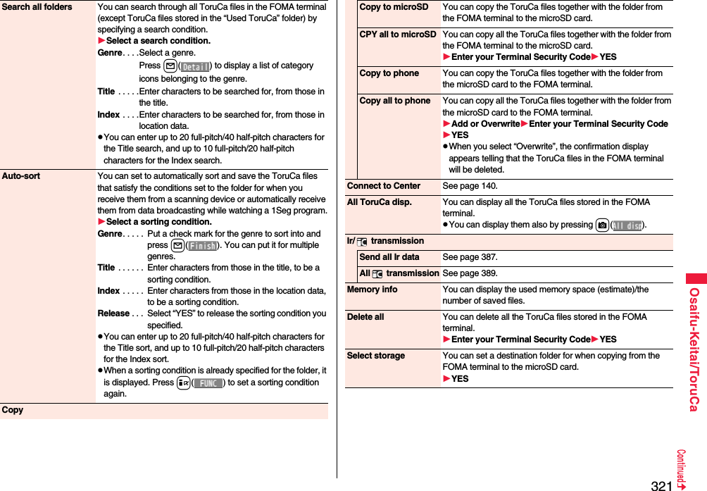 321Osaifu-Keitai/ToruCaSearch all folders You can search through all ToruCa files in the FOMA terminal (except ToruCa files stored in the “Used ToruCa” folder) by specifying a search condition.Select a search condition.Genre. . . .Select a genre.Press l( ) to display a list of category icons belonging to the genre.Title  . . . . .Enter characters to be searched for, from those in the title.Index . . . .Enter characters to be searched for, from those in location data.pYou can enter up to 20 full-pitch/40 half-pitch characters for the Title search, and up to 10 full-pitch/20 half-pitch characters for the Index search.Auto-sort You can set to automatically sort and save the ToruCa files that satisfy the conditions set to the folder for when you receive them from a scanning device or automatically receive them from data broadcasting while watching a 1Seg program.Select a sorting condition.Genre. . . . .  Put a check mark for the genre to sort into and press l( ). You can put it for multiple genres.Title  . . . . . .  Enter characters from those in the title, to be a sorting condition.Index . . . . .  Enter characters from those in the location data, to be a sorting condition.Release . . .  Select “YES” to release the sorting condition you specified.pYou can enter up to 20 full-pitch/40 half-pitch characters for the Title sort, and up to 10 full-pitch/20 half-pitch characters for the Index sort.pWhen a sorting condition is already specified for the folder, it is displayed. Press i( ) to set a sorting condition again.CopyCopy to microSD You can copy the ToruCa files together with the folder from the FOMA terminal to the microSD card.CPY all to microSD You can copy all the ToruCa files together with the folder from the FOMA terminal to the microSD card.Enter your Terminal Security CodeYESCopy to phone You can copy the ToruCa files together with the folder from the microSD card to the FOMA terminal.Copy all to phone You can copy all the ToruCa files together with the folder from the microSD card to the FOMA terminal.Add or OverwriteEnter your Terminal Security CodeYESpWhen you select “Overwrite”, the confirmation display appears telling that the ToruCa files in the FOMA terminal will be deleted.Connect to Center See page 140.All ToruCa disp. You can display all the ToruCa files stored in the FOMA terminal.pYou can display them also by pressing c().Ir/  transmissionSend all Ir data See page 387.All  transmission See page 389.Memory info You can display the used memory space (estimate)/the number of saved files.Delete all You can delete all the ToruCa files stored in the FOMA terminal.Enter your Terminal Security CodeYESSelect storage You can set a destination folder for when copying from the FOMA terminal to the microSD card.YES