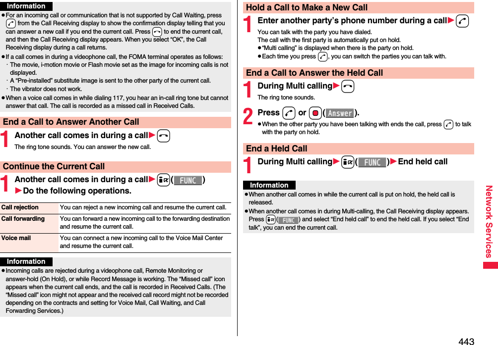 443Network Services1Another call comes in during a callhThe ring tone sounds. You can answer the new call.1Another call comes in during a calli()Do the following operations.InformationpFor an incoming call or communication that is not supported by Call Waiting, press -d from the Call Receiving display to show the confirmation display telling that you can answer a new call if you end the current call. Press -h to end the current call, and then the Call Receiving display appears. When you select “OK”, the Call Receiving display during a call returns.pIf a call comes in during a videophone call, the FOMA terminal operates as follows:・The movie, i-motion movie or Flash movie set as the image for incoming calls is not displayed.・A “Pre-installed” substitute image is sent to the other party of the current call.・The vibrator does not work.pWhen a voice call comes in while dialing 117, you hear an in-call ring tone but cannot answer that call. The call is recorded as a missed call in Received Calls.End a Call to Answer Another CallContinue the Current CallCall rejection You can reject a new incoming call and resume the current call.Call forwarding You can forward a new incoming call to the forwarding destination and resume the current call.Voice mail You can connect a new incoming call to the Voice Mail Center and resume the current call.InformationpIncoming calls are rejected during a videophone call, Remote Monitoring or answer-hold (On Hold), or while Record Message is working. The “Missed call” icon appears when the current call ends, and the call is recorded in Received Calls. (The “Missed call” icon might not appear and the received call record might not be recorded depending on the contracts and setting for Voice Mail, Call Waiting, and Call Forwarding Services.)1Enter another party’s phone number during a calldYou can talk with the party you have dialed.The call with the first party is automatically put on hold.p“Multi calling” is displayed when there is the party on hold.pEach time you press d, you can switch the parties you can talk with.1During Multi callinghThe ring tone sounds.2Press d or Oo().pWhen the other party you have been talking with ends the call, press d to talk with the party on hold.1During Multi callingi()End held callHold a Call to Make a New CallEnd a Call to Answer the Held CallEnd a Held CallInformationpWhen another call comes in while the current call is put on hold, the held call is released.pWhen another call comes in during Multi-calling, the Call Receiving display appears. Press +i( ) and select “End held call” to end the held call. If you select “End talk”, you can end the current call.