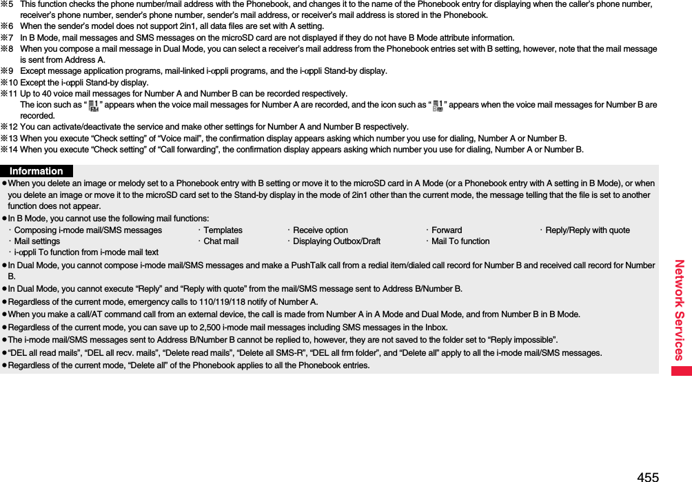 455Network Services※5 This function checks the phone number/mail address with the Phonebook, and changes it to the name of the Phonebook entry for displaying when the caller’s phone number, receiver’s phone number, sender’s phone number, sender’s mail address, or receiver’s mail address is stored in the Phonebook.※6 When the sender’s model does not support 2in1, all data files are set with A setting.※7 In B Mode, mail messages and SMS messages on the microSD card are not displayed if they do not have B Mode attribute information.※8 When you compose a mail message in Dual Mode, you can select a receiver’s mail address from the Phonebook entries set with B setting, however, note that the mail message is sent from Address A.※9 Except message application programs, mail-linked i-αppli programs, and the i-αppli Stand-by display.※10 Except the i-αppli Stand-by display.※11 Up to 40 voice mail messages for Number A and Number B can be recorded respectively.The icon such as “ ” appears when the voice mail messages for Number A are recorded, and the icon such as “ ” appears when the voice mail messages for Number B are recorded.※12 You can activate/deactivate the service and make other settings for Number A and Number B respectively.※13 When you execute “Check setting” of “Voice mail”, the confirmation display appears asking which number you use for dialing, Number A or Number B.※14 When you execute “Check setting” of “Call forwarding”, the confirmation display appears asking which number you use for dialing, Number A or Number B.InformationpWhen you delete an image or melody set to a Phonebook entry with B setting or move it to the microSD card in A Mode (or a Phonebook entry with A setting in B Mode), or when you delete an image or move it to the microSD card set to the Stand-by display in the mode of 2in1 other than the current mode, the message telling that the file is set to another function does not appear.pIn B Mode, you cannot use the following mail functions:・Composing i-mode mail/SMS messages ・Templates ・Receive option ・Forward ・Reply/Reply with quote・Mail settings ・Chat mail ・Displaying Outbox/Draft ・Mail To function・i-αppli To function from i-mode mail textpIn Dual Mode, you cannot compose i-mode mail/SMS messages and make a PushTalk call from a redial item/dialed call record for Number B and received call record for Number B.pIn Dual Mode, you cannot execute “Reply” and “Reply with quote” from the mail/SMS message sent to Address B/Number B.pRegardless of the current mode, emergency calls to 110/119/118 notify of Number A.pWhen you make a call/AT command call from an external device, the call is made from Number A in A Mode and Dual Mode, and from Number B in B Mode.pRegardless of the current mode, you can save up to 2,500 i-mode mail messages including SMS messages in the Inbox.pThe i-mode mail/SMS messages sent to Address B/Number B cannot be replied to, however, they are not saved to the folder set to “Reply impossible”.p“DEL all read mails”, “DEL all recv. mails”, “Delete read mails”, “Delete all SMS-R”, “DEL all frm folder”, and “Delete all” apply to all the i-mode mail/SMS messages.pRegardless of the current mode, “Delete all” of the Phonebook applies to all the Phonebook entries.