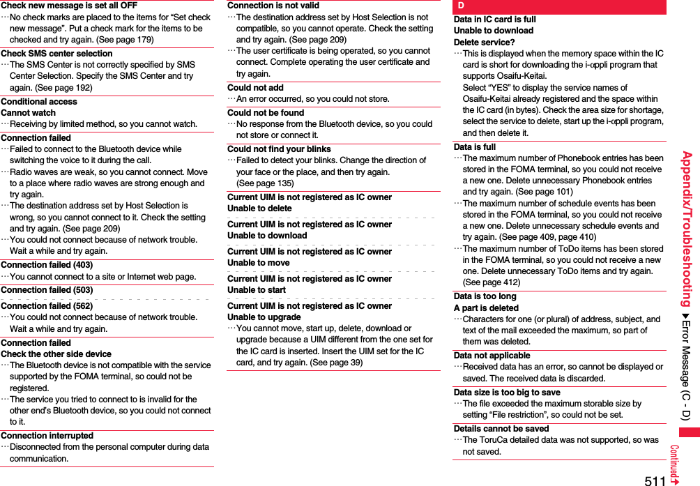 511Appendix/TroubleshootingCheck new message is set all OFF…No check marks are placed to the items for “Set check new message”. Put a check mark for the items to be checked and try again. (See page 179)Check SMS center selection…The SMS Center is not correctly specified by SMS Center Selection. Specify the SMS Center and try again. (See page 192)Conditional accessCannot watch…Receiving by limited method, so you cannot watch.Connection failed…Failed to connect to the Bluetooth device while switching the voice to it during the call.…Radio waves are weak, so you cannot connect. Move to a place where radio waves are strong enough and try again.…The destination address set by Host Selection is wrong, so you cannot connect to it. Check the setting and try again. (See page 209)…You could not connect because of network trouble. Wait a while and try again.Connection failed (403)…You cannot connect to a site or Internet web page.Connection failed (503)Connection failed (562)…You could not connect because of network trouble. Wait a while and try again.Connection failed Check the other side device…The Bluetooth device is not compatible with the service supported by the FOMA terminal, so could not be registered.…The service you tried to connect to is invalid for the other end’s Bluetooth device, so you could not connect to it.Connection interrupted…Disconnected from the personal computer during data communication.Connection is not valid…The destination address set by Host Selection is not compatible, so you cannot operate. Check the setting and try again. (See page 209)…The user certificate is being operated, so you cannot connect. Complete operating the user certificate and try again.Could not add…An error occurred, so you could not store.Could not be found…No response from the Bluetooth device, so you could not store or connect it.Could not find your blinks…Failed to detect your blinks. Change the direction of your face or the place, and then try again. (See page 135)Current UIM is not registered as IC ownerUnable to deleteCurrent UIM is not registered as IC ownerUnable to downloadCurrent UIM is not registered as IC ownerUnable to moveCurrent UIM is not registered as IC ownerUnable to startCurrent UIM is not registered as IC ownerUnable to upgrade…You cannot move, start up, delete, download or upgrade because a UIM different from the one set for the IC card is inserted. Insert the UIM set for the IC card, and try again. (See page 39)DData in IC card is fullUnable to downloadDelete service?…This is displayed when the memory space within the IC card is short for downloading the i-αppli program that supports Osaifu-Keitai. Select “YES” to display the service names of Osaifu-Keitai already registered and the space within the IC card (in bytes). Check the area size for shortage, select the service to delete, start up the i-αppli program, and then delete it.Data is full…The maximum number of Phonebook entries has been stored in the FOMA terminal, so you could not receive a new one. Delete unnecessary Phonebook entries and try again. (See page 101)…The maximum number of schedule events has been stored in the FOMA terminal, so you could not receive a new one. Delete unnecessary schedule events and try again. (See page 409, page 410)…The maximum number of ToDo items has been stored in the FOMA terminal, so you could not receive a new one. Delete unnecessary ToDo items and try again. (See page 412)Data is too long A part is deleted…Characters for one (or plural) of address, subject, and text of the mail exceeded the maximum, so part of them was deleted.Data not applicable…Received data has an error, so cannot be displayed or saved. The received data is discarded.Data size is too big to save…The file exceeded the maximum storable size by setting “File restriction”, so could not be set.Details cannot be saved…The ToruCa detailed data was not supported, so was not saved.Error Message (C - D)