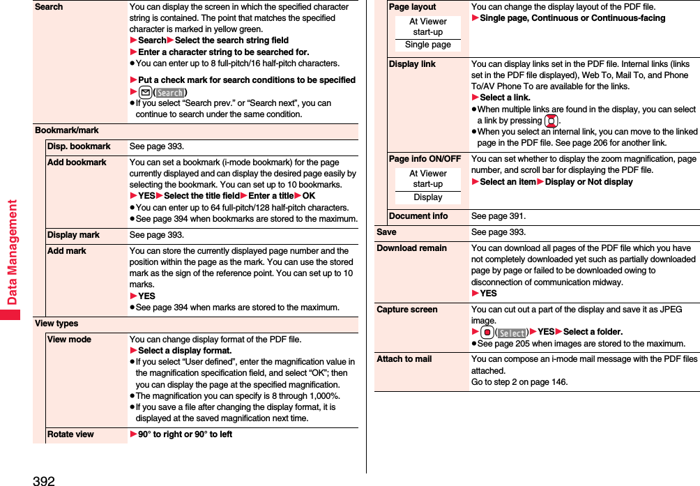 392Data ManagementSearch You can display the screen in which the specified character string is contained. The point that matches the specified character is marked in yellow green.SearchSelect the search string fieldEnter a character string to be searched for.pYou can enter up to 8 full-pitch/16 half-pitch characters.Put a check mark for search conditions to be specifiedl()pIf you select “Search prev.” or “Search next”, you can continue to search under the same condition.Bookmark/markDisp. bookmark See page 393.Add bookmark You can set a bookmark (i-mode bookmark) for the page currently displayed and can display the desired page easily by selecting the bookmark. You can set up to 10 bookmarks.YESSelect the title fieldEnter a titleOKpYou can enter up to 64 full-pitch/128 half-pitch characters.pSee page 394 when bookmarks are stored to the maximum.Display mark See page 393.Add mark You can store the currently displayed page number and the position within the page as the mark. You can use the stored mark as the sign of the reference point. You can set up to 10 marks.YESpSee page 394 when marks are stored to the maximum.View typesView mode You can change display format of the PDF file.Select a display format.pIf you select “User defined”, enter the magnification value in the magnification specification field, and select “OK”; then you can display the page at the specified magnification.pThe magnification you can specify is 8 through 1,000%.pIf you save a file after changing the display format, it is displayed at the saved magnification next time.Rotate view 90° to right or 90° to leftPage layout You can change the display layout of the PDF file.Single page, Continuous or Continuous-facingDisplay link You can display links set in the PDF file. Internal links (links set in the PDF file displayed), Web To, Mail To, and Phone To/AV Phone To are available for the links.Select a link.pWhen multiple links are found in the display, you can select a link by pressing Bo.pWhen you select an internal link, you can move to the linked page in the PDF file. See page 206 for another link.Page info ON/OFF You can set whether to display the zoom magnification, page number, and scroll bar for displaying the PDF file.Select an itemDisplay or Not displayDocument info See page 391.Save See page 393.Download remain You can download all pages of the PDF file which you have not completely downloaded yet such as partially downloaded page by page or failed to be downloaded owing to disconnection of communication midway.YESCapture screen You can cut out a part of the display and save it as JPEG image.Oo()YESSelect a folder.pSee page 205 when images are stored to the maximum.Attach to mail You can compose an i-mode mail message with the PDF files attached.Go to step 2 on page 146.At Viewer start-upSingle pageAt Viewer start-upDisplay