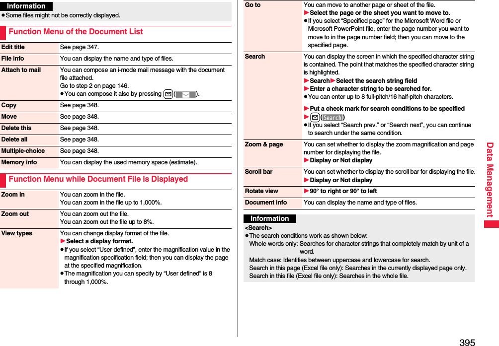 395Data ManagementInformationpSome files might not be correctly displayed.Function Menu of the Document ListEdit title See page 347.File info You can display the name and type of files.Attach to mail You can compose an i-mode mail message with the document file attached.Go to step 2 on page 146.pYou can compose it also by pressing l().Copy See page 348.Move See page 348.Delete this See page 348.Delete all See page 348.Multiple-choice See page 348.Memory info You can display the used memory space (estimate).Function Menu while Document File is DisplayedZoom in You can zoom in the file.You can zoom in the file up to 1,000%.Zoom out You can zoom out the file.You can zoom out the file up to 8%.View types You can change display format of the file.Select a display format.pIf you select “User defined”, enter the magnification value in the magnification specification field; then you can display the page at the specified magnification.pThe magnification you can specify by “User defined” is 8 through 1,000%.Go to You can move to another page or sheet of the file.Select the page or the sheet you want to move to.pIf you select “Specified page” for the Microsoft Word file or Microsoft PowerPoint file, enter the page number you want to move to in the page number field; then you can move to the specified page.Search You can display the screen in which the specified character string is contained. The point that matches the specified character string is highlighted.SearchSelect the search string fieldEnter a character string to be searched for.pYou can enter up to 8 full-pitch/16 half-pitch characters.Put a check mark for search conditions to be specifiedl()pIf you select “Search prev.” or “Search next”, you can continue to search under the same condition.Zoom &amp; page You can set whether to display the zoom magnification and page number for displaying the file.Display or Not displayScroll bar You can set whether to display the scroll bar for displaying the file.Display or Not displayRotate view 90° to right or 90° to leftDocument info You can display the name and type of files.Information&lt;Search&gt;pThe search conditions work as shown below:Whole words only: Searches for character strings that completely match by unit of a word.Match case: Identifies between uppercase and lowercase for search.Search in this page (Excel file only): Searches in the currently displayed page only.Search in this file (Excel file only): Searches in the whole file.