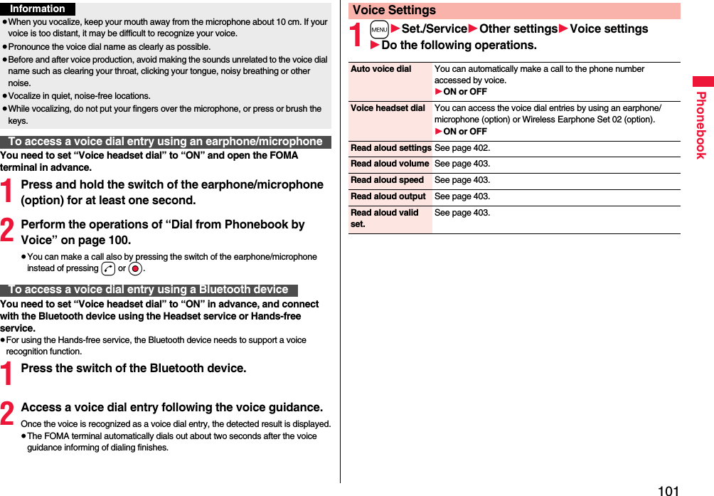 101PhonebookYou need to set “Voice headset dial” to “ON” and open the FOMA terminal in advance.1Press and hold the switch of the earphone/microphone (option) for at least one second.2Perform the operations of “Dial from Phonebook by Voice” on page 100.≥You can make a call also by pressing the switch of the earphone/microphone instead of pressing d or Oo.You need to set “Voice headset dial” to “ON” in advance, and connect with the Bluetooth device using the Headset service or Hands-free service.≥For using the Hands-free service, the Bluetooth device needs to support a voice recognition function.1Press the switch of the Bluetooth device.2Access a voice dial entry following the voice guidance.Once the voice is recognized as a voice dial entry, the detected result is displayed.≥The FOMA terminal automatically dials out about two seconds after the voice guidance informing of dialing finishes.Information≥When you vocalize, keep your mouth away from the microphone about 10 cm. If your voice is too distant, it may be difficult to recognize your voice.≥Pronounce the voice dial name as clearly as possible.≥Before and after voice production, avoid making the sounds unrelated to the voice dial name such as clearing your throat, clicking your tongue, noisy breathing or other noise.≥Vocalize in quiet, noise-free locations.≥While vocalizing, do not put your fingers over the microphone, or press or brush the keys.To access a voice dial entry using an earphone/microphoneTo access a voice dial entry using a Bluetooth device1m1Set./Service1Other settings1Voice settings1Do the following operations.Voice SettingsAuto voice dial You can automatically make a call to the phone number accessed by voice.1ON or OFFVoice headset dial You can access the voice dial entries by using an earphone/microphone (option) or Wireless Earphone Set 02 (option).1ON or OFFRead aloud settings See page 402.Read aloud volume See page 403.Read aloud speed See page 403.Read aloud output See page 403.Read aloud valid set.See page 403.