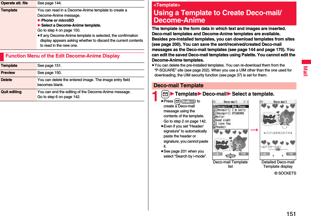 151MailOperate att. file See page 144.Template You can read in a Decome-Anime template to create a Decome-Anime message.1Phone or microSD1Select a Decome-Anime template.Go to step 4 on page 150.≥If any Decome-Anime template is selected, the confirmation display appears asking whether to discard the current contents to read in the new one.Function Menu of the Edit Decome-Anime DisplayTemplate See page 151.Preview See page 150.Delete You can delete the entered image. The image entry field becomes blank.Quit editing You can end the editing of the Decome-Anime message.Go to step 6 on page 142.The template is the form data in which text and images are inserted. Deco-mail templates and Decome-Anime templates are available.Besides pre-installed templates, you can download templates from sites (see page 200). You can save the sent/received/created Deco-mail messages as the Deco-mail templates (see page 144 and page 170). You can edit the saved Deco-mail templates using Palette. You cannot edit the Decome-Anime templates.≥You can delete the pre-installed templates. You can re-download them from the “P-SQUARE” site (see page 202). When you use a UIM other than the one used for downloading, the UIM security function (see page 37) is set for them.1l1Template1Deco-mail1Select a template.≥Press l( ) to create a Deco-mail message using the contents of the template. Go to step 2 on page 142.≥Even if you set “Header/signature” to automatically paste the header or signature, you cannot paste it.≥See page 201 when you select “Search by i-mode”.© SOCKETS&lt;Template&gt;Using a Template to Create Deco-mail/ Decome-AnimeDeco-mail TemplateDeco-mail Template listDetailed Deco-mail Template display