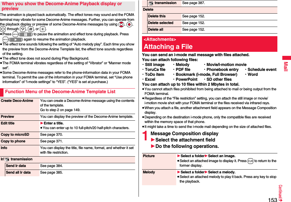 153MailThe animation is played back automatically. The effect tones may sound and the FOMA terminal may vibrate for some Decome-Anime messages. Further, you can operate from the playback display or preview of some Decome-Anime messages by using Bo, Oo, 0 through 9, s, or a.≥Press m( ) to pause the animation and effect tone during playback. Press m( ) again to resume the animation playback.≥The effect tone sounds following the setting of “Auto melody play”. Each time you show the preview from the Decome-Anime Template list, the effect tone sounds regardless of the setting.≥The effect tone does not sound during Play Background.≥The FOMA terminal vibrates regardless of the setting of “Vibrator” or “Manner mode set”.≥Some Decome-Anime messages refer to the phone-information data in your FOMA terminal. To permit the use of the information in your FOMA terminal, set “Use phone information” of “i-mode settings” to “YES”. (“YES” is set at purchase.)When you show the Decome-Anime Playback display or previewFunction Menu of the Decome-Anime Template ListCreate Deco-Anime You can create a Decome-Anime message using the contents of the template.Go to step 2 on page 149.Preview You can display the preview of the Decome-Anime template.Edit title 1Enter a title.≥You can enter up to 10 full-pitch/20 half-pitch characters.Copy to microSD See page 370.Copy to phone See page 371.Info You can display the title, file name, format, and whether it set with file restriction.Ir/  transmissionSend Ir data See page 384.Send all Ir data See page 385.You can send an i-mode mail message with files attached.You can attach following files:・Still image ・Melody ・Movie/i-motion movie・ToruCa file ・PDF file ・Phonebook entry ・Schedule event・ToDo item ・Bookmark (i-mode, Full Browser) ・Word・Excel ・PowerPoint ・SD other filesYou can attach up to 10 files within 2 Mbytes in total.≥You cannot attach files prohibited from being attached to mail or being output from the FOMA terminal.≥Regardless of the “File restriction” setting, you can attach the still image or movie/i-motion movie shot with your FOMA terminal or the files received via infrared rays.≥When you attach a file, another attachment field appears on the Message Composition display.≥Depending on the destination i-mode phone, only the compatible files are received within the memory space of that phone.≥It might take a time to send the i-mode mail depending on the size of attached files. 1Message Composition display1Select the attachment field1Do the following operations. transmission See page 387.DeleteDelete this See page 152.Delete selected See page 152.Delete all See page 152.&lt;Attachments&gt;Attaching a FilePicture 1Select a folder1Select an image.≥Select an attached image to display it. Press r to return to the former display.Melody 1Select a folder1Select a melody.≥Select an attached melody to play it back. Press any key to stop the playback. 