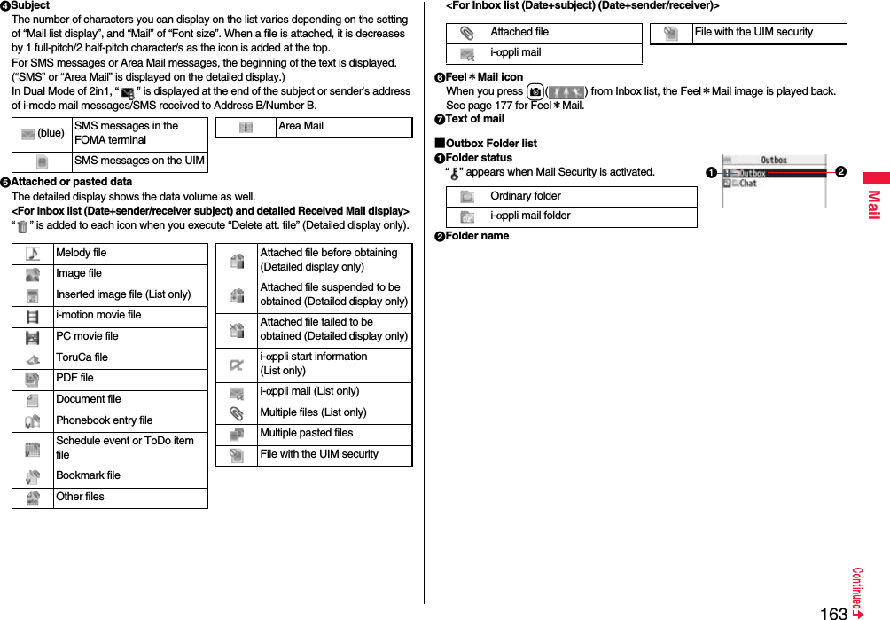 163Mail4SubjectThe number of characters you can display on the list varies depending on the setting of “Mail list display”, and “Mail” of “Font size”. When a file is attached, it is decreases by 1 full-pitch/2 half-pitch character/s as the icon is added at the top.For SMS messages or Area Mail messages, the beginning of the text is displayed. (“SMS” or “Area Mail” is displayed on the detailed display.)In Dual Mode of 2in1, “ ” is displayed at the end of the subject or sender’s address of i-mode mail messages/SMS received to Address B/Number B.5Attached or pasted dataThe detailed display shows the data volume as well.&lt;For Inbox list (Date+sender/receiver subject) and detailed Received Mail display&gt;“ ” is added to each icon when you execute “Delete att. file” (Detailed display only).(blue) SMS messages in the FOMA terminalSMS messages on the UIMArea MailMelody fileImage fileInserted image file (List only)i-motion movie filePC movie fileToruCa filePDF fileDocument filePhonebook entry fileSchedule event or ToDo item fileBookmark fileOther filesAttached file before obtaining(Detailed display only)Attached file suspended to be obtained (Detailed display only)Attached file failed to be obtained (Detailed display only)i-αppli start information (List only)i-αppli mail (List only)Multiple files (List only)Multiple pasted filesFile with the UIM security&lt;For Inbox list (Date+subject) (Date+sender/receiver)&gt;6Feel＊Mail iconWhen you press c( ) from Inbox list, the Feel＊Mail image is played back. See page 177 for Feel＊Mail.7Text of mail■Outbox Folder list1Folder status“ ” appears when Mail Security is activated.2Folder name Ordinary folder i-αppli mail folderAttached filei-αppli mailFile with the UIM security12