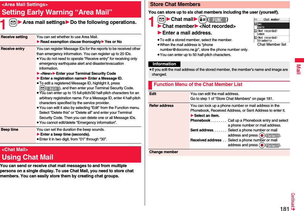 181Mail1l1Area mail settings1Do the following operations.You can send or receive chat mail messages to and from multiple persons on a single display. To use Chat Mail, you need to store chat members. You can easily store them by creating chat groups.&lt;Area Mail Settings&gt;Setting Early Warning “Area Mail”Receive setting You can set whether to use Area Mail.1Read exemption clause thoroughly1Yes or NoReceive entry You can register Message IDs for the reports to be received other than emergency information. You can register up to 20 IDs.≥You do not need to operate “Receive entry” for receiving only emergency earthquake alert and disaster/evacuation information.1&lt;New&gt;1Enter your Terminal Security Code1Enter a registration name1Enter a Message ID.≥To edit a registered Message ID, highlight it, press l( ), and then enter your Terminal Security Code.≥You can enter up to 15 full-pitch/30 half-pitch characters for an arbitrary registration name. For a Message ID, enter 4 half-pitch characters specified by the service provider.≥You can edit it also by selecting “Edit” from the Function menu. Select “Delete this” or “Delete all” and enter your Terminal Security Code. Then you can delete one or all Message IDs.≥You cannot edit/delete “Emergency information”.Beep time You can set the duration the beep sounds.1Enter a beep time (seconds).≥Enter it in two digit, from “01” through “30”.&lt;Chat Mail&gt;Using Chat MailYou can store up to six chat members including the user (yourself).1l1Chat mail1i()1Chat member1&lt;Not recorded&gt;1Enter a mail address.≥To edit a stored member, select the member.≥When the mail address is “phone number@docomo.ne.jp”, store the phone number only.≥You can enter up to 50 half-pitch characters.Store Chat MembersChat Member listInformation≥If you edit the mail address of the stored member, the member’s name and image are changed.Function Menu of the Chat Member ListEdit You can edit the mail address.Go to step 1 of “Store Chat Members” on page 181.Refer address You can look up a phone number or mail address in the Phonebook, Received Address, or Sent Address to enter it.1Select an item.Phonebook . . . . . . . .  Call up a Phonebook entry and select a phone number or mail address.Sent address. . . . . . .  Select a phone number or mail address and press Oo().Received address  . .  Select a phone number or mail address and press Oo().Change member