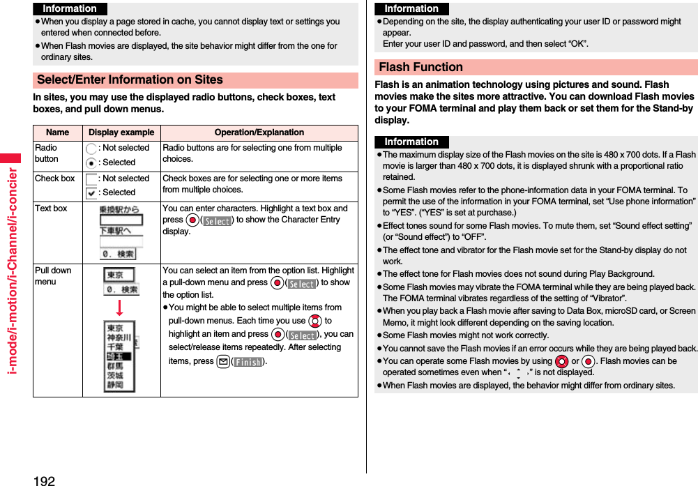 192i-mode/i-motion/i-Channel/i-concierIn sites, you may use the displayed radio buttons, check boxes, text boxes, and pull down menus.Information≥When you display a page stored in cache, you cannot display text or settings you entered when connected before.≥When Flash movies are displayed, the site behavior might differ from the one for ordinary sites.Select/Enter Information on SitesName Display example Operation/ExplanationRadio button: Not selected: SelectedRadio buttons are for selecting one from multiple choices.Check box : Not selected: SelectedCheck boxes are for selecting one or more items from multiple choices.Text box You can enter characters. Highlight a text box and press Oo( ) to show the Character Entry display.Pull down menuYou can select an item from the option list. Highlight a pull-down menu and press Oo( ) to show the option list.≥You might be able to select multiple items from pull-down menus. Each time you use Bo to highlight an item and press Oo( ), you can select/release items repeatedly. After selecting items, press l().Flash is an animation technology using pictures and sound. Flash movies make the sites more attractive. You can download Flash movies to your FOMA terminal and play them back or set them for the Stand-by display.Information≥Depending on the site, the display authenticating your user ID or password might appear. Enter your user ID and password, and then select “OK”.Flash FunctionInformation≥The maximum display size of the Flash movies on the site is 480 x 700 dots. If a Flash movie is larger than 480 x 700 dots, it is displayed shrunk with a proportional ratio retained.≥Some Flash movies refer to the phone-information data in your FOMA terminal. To permit the use of the information in your FOMA terminal, set “Use phone information” to “YES”. (“YES” is set at purchase.)≥Effect tones sound for some Flash movies. To mute them, set “Sound effect setting” (or “Sound effect”) to “OFF”.≥The effect tone and vibrator for the Flash movie set for the Stand-by display do not work.≥The effect tone for Flash movies does not sound during Play Background.≥Some Flash movies may vibrate the FOMA terminal while they are being played back. The FOMA terminal vibrates regardless of the setting of “Vibrator”.≥When you play back a Flash movie after saving to Data Box, microSD card, or Screen Memo, it might look different depending on the saving location.≥Some Flash movies might not work correctly.≥You cannot save the Flash movies if an error occurs while they are being played back.≥You can operate some Flash movies by using *Mo or *Oo. Flash movies can be operated sometimes even when “ ” is not displayed.≥When Flash movies are displayed, the behavior might differ from ordinary sites.