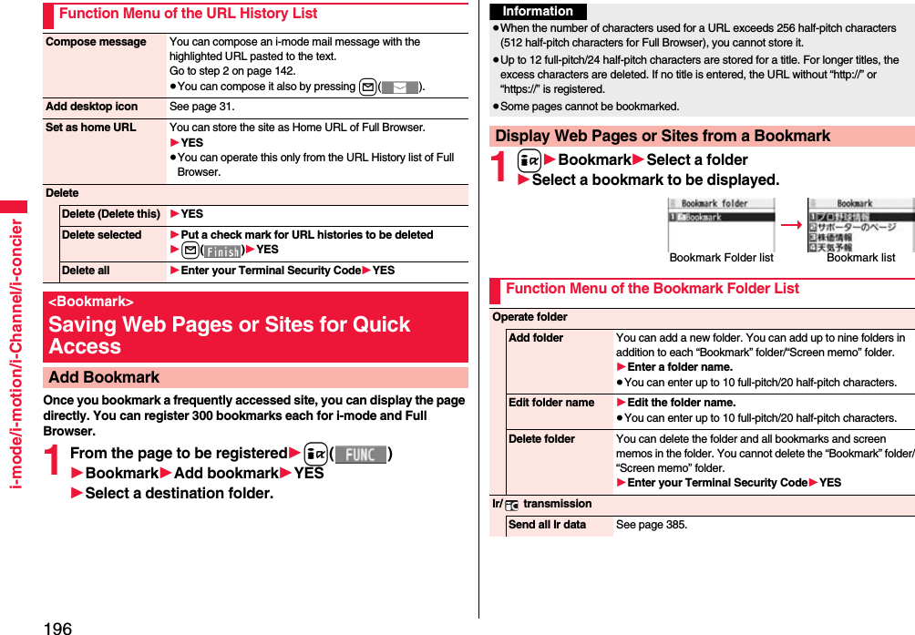 196i-mode/i-motion/i-Channel/i-concierOnce you bookmark a frequently accessed site, you can display the page directly. You can register 300 bookmarks each for i-mode and Full Browser.1From the page to be registered1i()1Bookmark1Add bookmark1YES1Select a destination folder.Function Menu of the URL History ListCompose message You can compose an i-mode mail message with the highlighted URL pasted to the text.Go to step 2 on page 142.≥You can compose it also by pressing l().Add desktop icon See page 31.Set as home URL You can store the site as Home URL of Full Browser.1YES≥You can operate this only from the URL History list of Full Browser.DeleteDelete (Delete this) 1YESDelete selected 1Put a check mark for URL histories to be deleted1l()1YESDelete all 1Enter your Terminal Security Code1YES&lt;Bookmark&gt;Saving Web Pages or Sites for Quick AccessAdd Bookmark1i1Bookmark1Select a folder1Select a bookmark to be displayed.Information≥When the number of characters used for a URL exceeds 256 half-pitch characters (512 half-pitch characters for Full Browser), you cannot store it.≥Up to 12 full-pitch/24 half-pitch characters are stored for a title. For longer titles, the excess characters are deleted. If no title is entered, the URL without “http://” or “https://” is registered.≥Some pages cannot be bookmarked.Display Web Pages or Sites from a BookmarkBookmark Folder list Bookmark listFunction Menu of the Bookmark Folder ListOperate folderAdd folder You can add a new folder. You can add up to nine folders in addition to each “Bookmark” folder/“Screen memo” folder.1Enter a folder name.≥You can enter up to 10 full-pitch/20 half-pitch characters.Edit folder name 1Edit the folder name.≥You can enter up to 10 full-pitch/20 half-pitch characters.Delete folder You can delete the folder and all bookmarks and screen memos in the folder. You cannot delete the “Bookmark” folder/“Screen memo” folder.1Enter your Terminal Security Code1YESIr/  transmissionSend all Ir data See page 385.