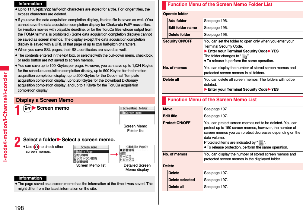 198i-mode/i-motion/i-Channel/i-concier1i1Screen memo2Select a folder1Select a screen memo.≥Use No to check other screen memos.Information≥Up to 11 full-pitch/22 half-pitch characters are stored for a title. For longer titles, the excess characters are deleted.≥If you save the data acquisition completion display, its data file is saved as well. (You cannot save the data acquisition completion display for Chaku-uta Full® music files, for i-motion movies with playable deadline, or for the ToruCa files whose output from the FOMA terminal is prohibited.) Some data acquisition completion displays cannot be saved as screen memos. The display except the data acquisition completion display is saved with a URL of that page of up to 256 half-pitch characters.≥When you save SSL pages, their SSL certificates are saved as well.≥The contents entered in the text box, or selected with the pull-down menu, check box, or radio button are not saved to screen memos.≥You can save up to 100 Kbytes per page. However, you can save up to 1,024 Kbytes for the schedule acquisition completion display, up to 500 Kbytes for the i-motion acquisition completion display, up to 200 Kbytes for the Deco-mail Template acquisition completion display, up to 20 Kbytes for the Download Dictionary acquisition completion display, and up to 1 Kbyte for the ToruCa acquisition completion display.Display a Screen MemoScreen Memo Folder listScreen Memo list Detailed Screen Memo displayInformation≥The page saved as a screen memo has the information at the time it was saved. This might differ from the latest information on the site.Function Menu of the Screen Memo Folder ListOperate folderAdd folder See page 196.Edit folder name See page 196.Delete folder See page 196.Security ON/OFF You can set the folder to open only when you enter your Terminal Security Code.1Enter your Terminal Security Code1YESThe folder changes to “ ”.≥To release it, perform the same operation.No. of memos You can display the number of stored screen memos and protected screen memos in all folders.Delete all You can delete all screen memos. The folders will not be deleted.1Enter your Terminal Security Code1YESFunction Menu of the Screen Memo ListMove See page 197.Edit title See page 197.Protect ON/OFF You can protect screen memos not to be deleted. You can protect up to 150 screen memos, however, the number of screen memos you can protect decreases depending on the data volume.Protected items are indicated by “ ”.≥To release protection, perform the same operation.No. of memos You can display the number of stored screen memos and protected screen memos in the displayed folder.DeleteDelete See page 197.Delete selected See page 197.Delete all See page 197.