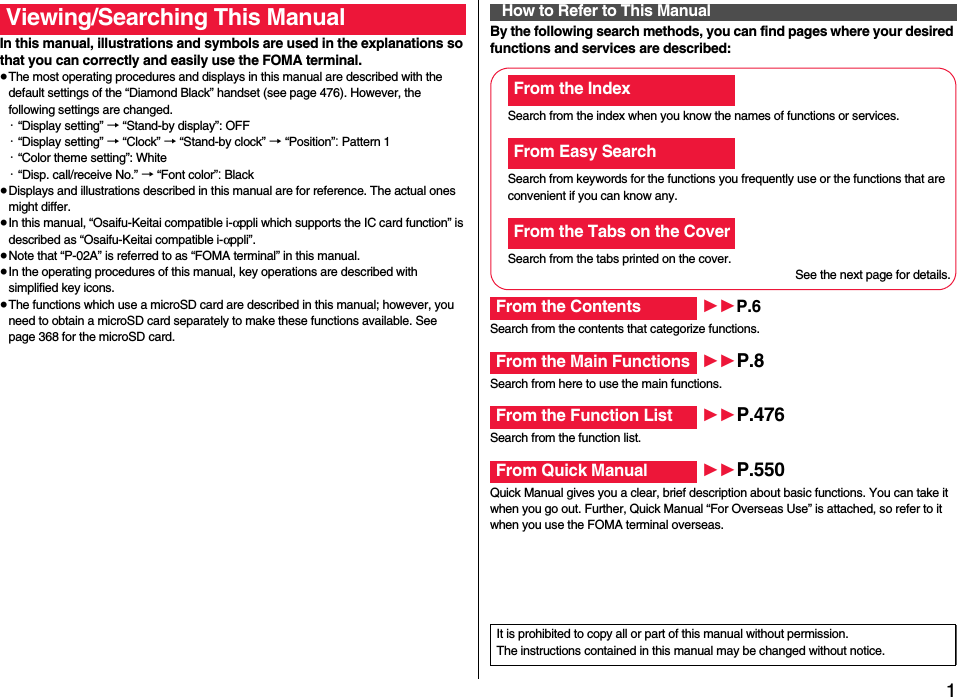 1Easy Search/Contents/PrecautionsEasy Search/Contents/PrecautionsIn this manual, illustrations and symbols are used in the explanations so that you can correctly and easily use the FOMA terminal.≥The most operating procedures and displays in this manual are described with the default settings of the “Diamond Black” handset (see page 476). However, the following settings are changed.・“Display setting” → “Stand-by display”: OFF・“Display setting” → “Clock” → “Stand-by clock” → “Position”: Pattern 1・“Color theme setting”: White・“Disp. call/receive No.” → “Font color”: Black≥Displays and illustrations described in this manual are for reference. The actual ones might differ.≥In this manual, “Osaifu-Keitai compatible i-αppli which supports the IC card function” is described as “Osaifu-Keitai compatible i-αppli”.≥Note that “P-02A” is referred to as “FOMA terminal” in this manual.≥In the operating procedures of this manual, key operations are described with simplified key icons.≥The functions which use a microSD card are described in this manual; however, you need to obtain a microSD card separately to make these functions available. See page 368 for the microSD card.Viewing/Searching This Manual By the following search methods, you can find pages where your desired functions and services are described:How to Refer to This ManualSearch from the index when you know the names of functions or services.Search from keywords for the functions you frequently use or the functions that are convenient if you can know any.Search from the tabs printed on the cover.See the next page for details.Search from the contents that categorize functions.Search from here to use the main functions.Search from the function list.Quick Manual gives you a clear, brief description about basic functions. You can take it when you go out. Further, Quick Manual “For Overseas Use” is attached, so refer to it when you use the FOMA terminal overseas.From the IndexFrom Easy SearchFrom the Tabs on the CoverFrom the Contents 11P.6From the Main Functions 11P.8From the Function List 11P.476From Quick Manual 11P.550It is prohibited to copy all or part of this manual without permission.The instructions contained in this manual may be changed without notice.