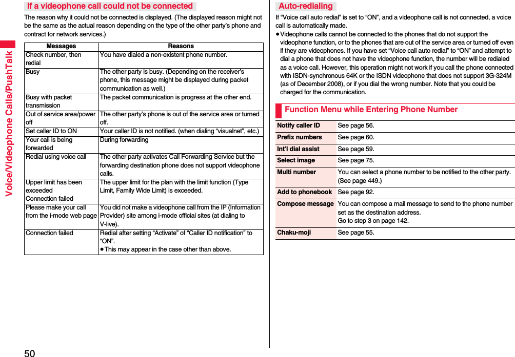50Voice/Videophone Calls/PushTalkThe reason why it could not be connected is displayed. (The displayed reason might not be the same as the actual reason depending on the type of the other party’s phone and contract for network services.)If a videophone call could not be connectedMessages ReasonsCheck number, then redialYou have dialed a non-existent phone number.Busy The other party is busy. (Depending on the receiver’s phone, this message might be displayed during packet communication as well.)Busy with packet transmissionThe packet communication is progress at the other end.Out of service area/power offThe other party’s phone is out of the service area or turned off.Set caller ID to ON Your caller ID is not notified. (when dialing “visualnet”, etc.)Your call is being forwardedDuring forwardingRedial using voice call The other party activates Call Forwarding Service but the forwarding destination phone does not support videophone calls.Upper limit has been exceededConnection failedThe upper limit for the plan with the limit function (Type Limit, Family Wide Limit) is exceeded.Please make your call from the i-mode web pageYou did not make a videophone call from the IP (Information Provider) site among i-mode official sites (at dialing to V-live).Connection failed Redial after setting “Activate” of “Caller ID notification” to “ON”.≥This may appear in the case other than above.If “Voice call auto redial” is set to “ON”, and a videophone call is not connected, a voice call is automatically made.≥Videophone calls cannot be connected to the phones that do not support the videophone function, or to the phones that are out of the service area or turned off even if they are videophones. If you have set “Voice call auto redial” to “ON” and attempt to dial a phone that does not have the videophone function, the number will be redialed as a voice call. However, this operation might not work if you call the phone connected with ISDN-synchronous 64K or the ISDN videophone that does not support 3G-324M (as of December 2008), or if you dial the wrong number. Note that you could be charged for the communication.Auto-redialingFunction Menu while Entering Phone NumberNotify caller ID See page 56.Prefix numbers See page 60.Int’l dial assist See page 59.Select image See page 75.Multi number You can select a phone number to be notified to the other party. (See page 449.)Add to phonebook See page 92.Compose message You can compose a mail message to send to the phone number set as the destination address.Go to step 3 on page 142.Chaku-moji See page 55.
